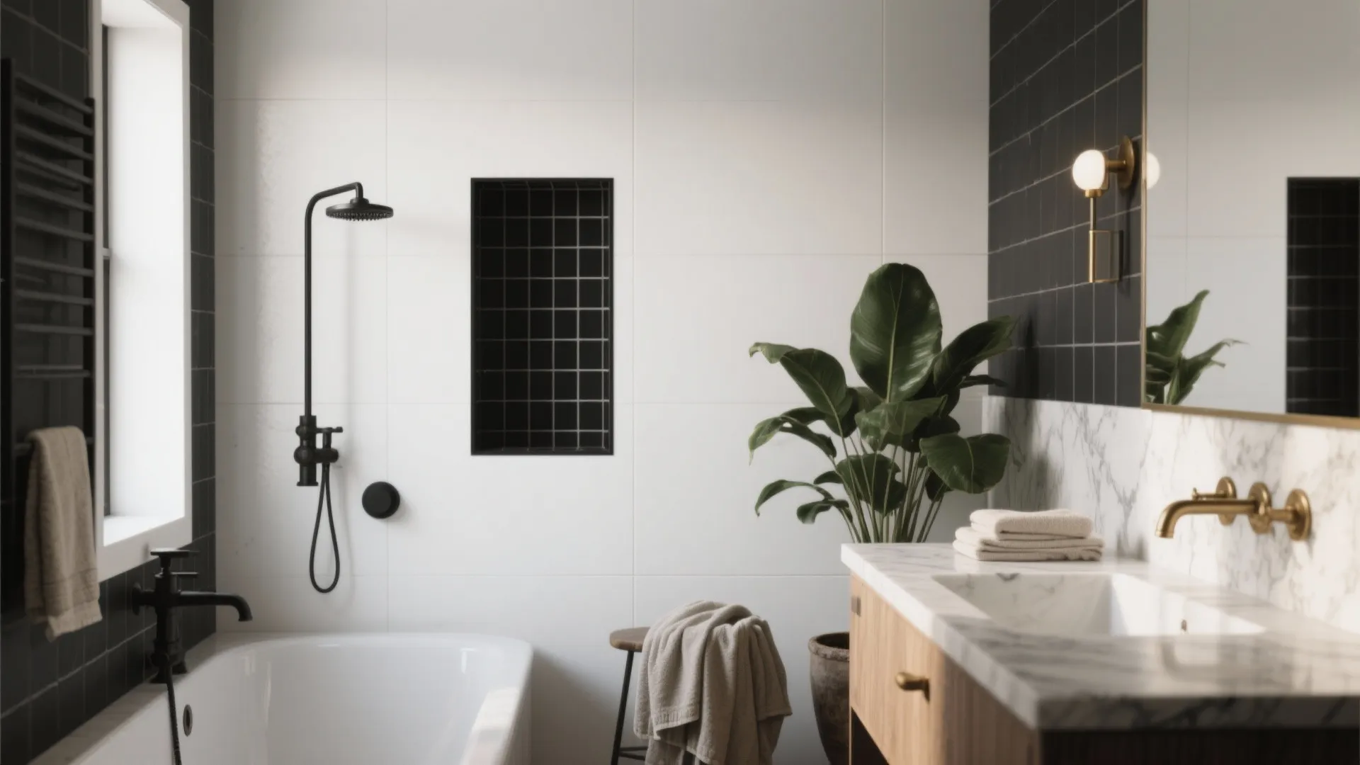 Modern bathroom with white walls black tiles marble sink wooden cabinet green plant and gold light