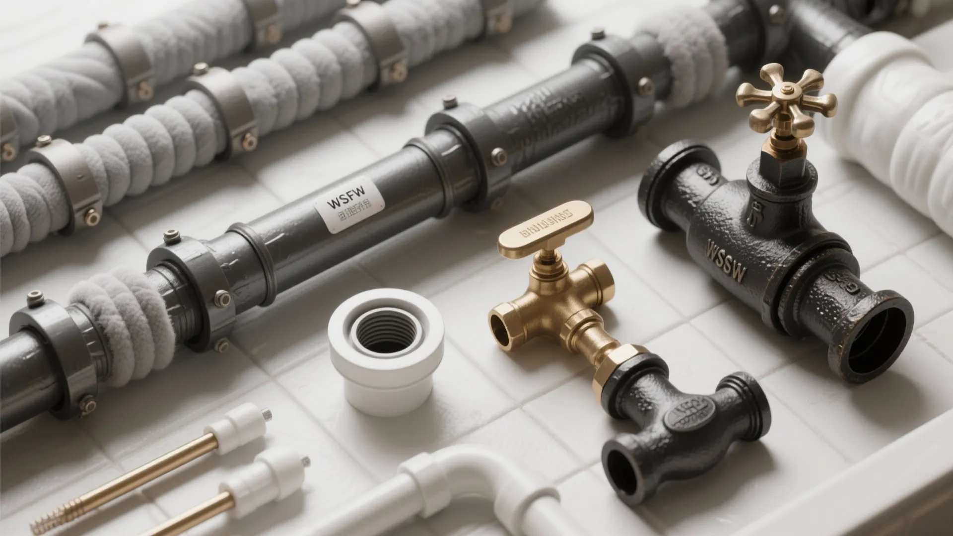 Close up view of water pipes and brass valve parts laying on a white tile floor