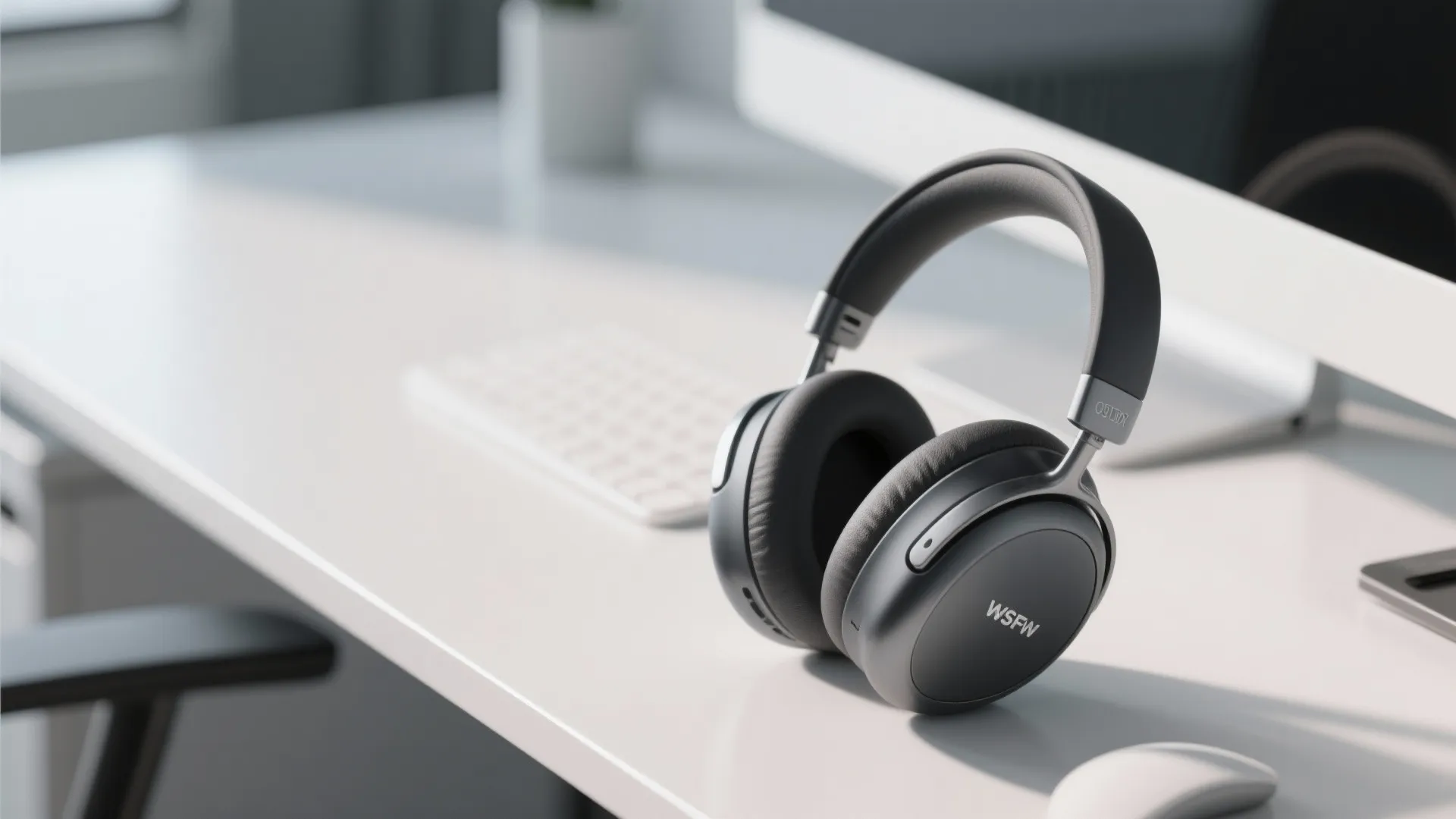 Black noise cancelling headphones sitting on a white desk next to a computer and keyboard