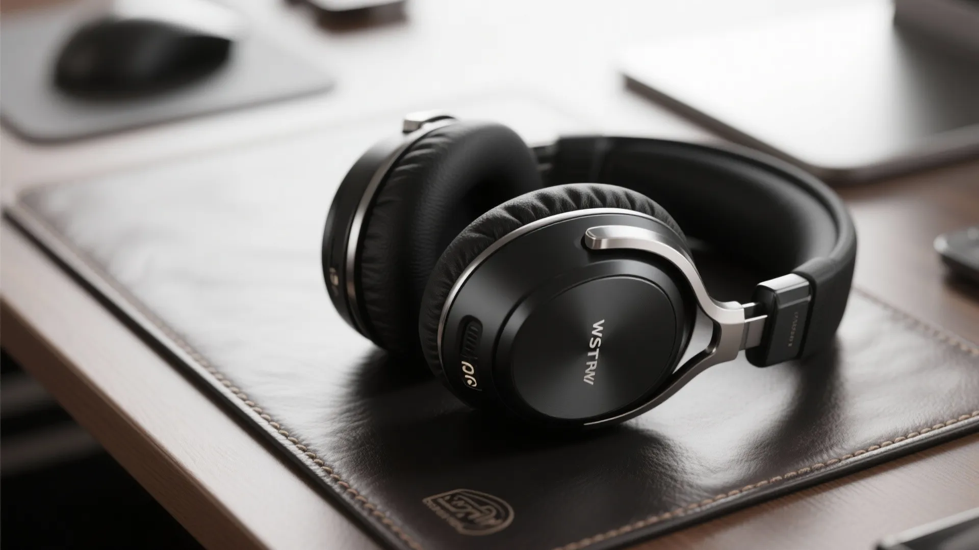 Premium matte black noise-cancelling headphones on leather desk mat