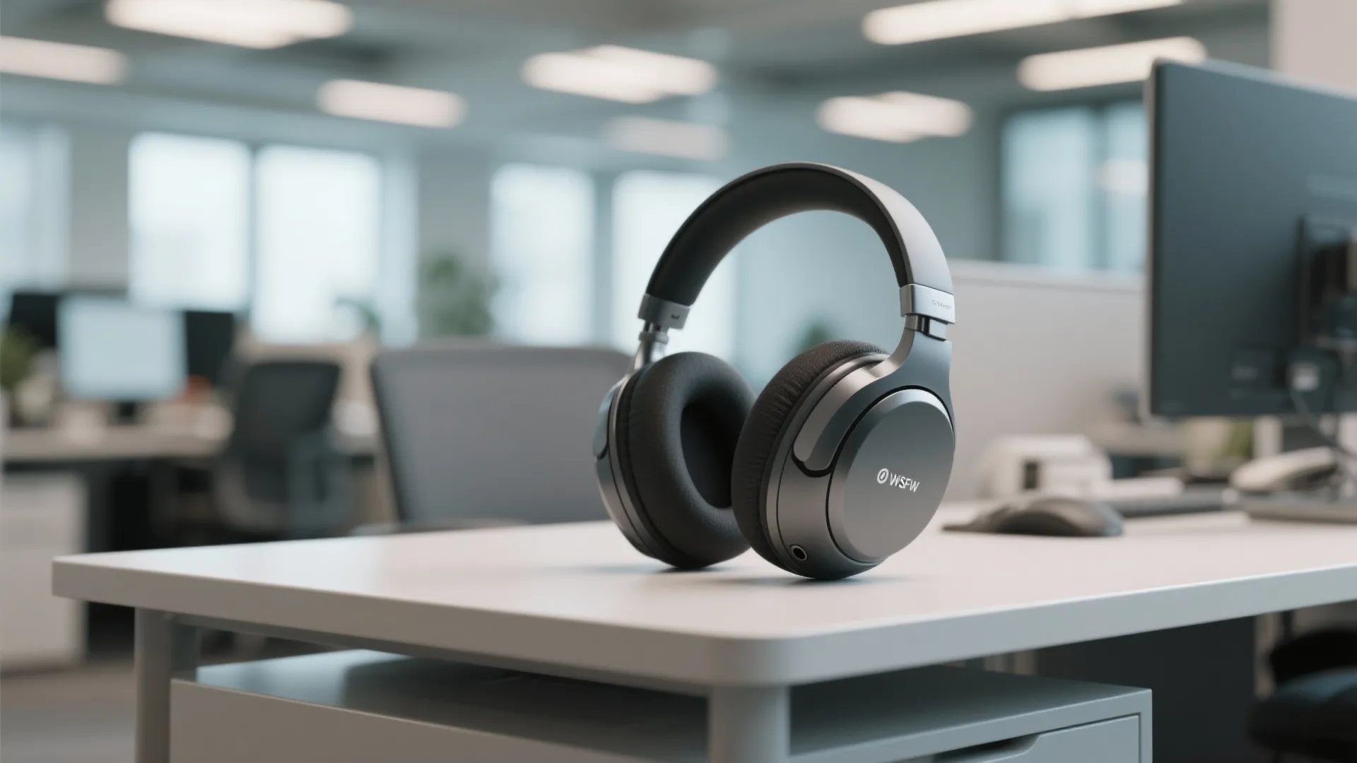 Black wireless headphones sitting on a white desk in a modern open office workspace environment