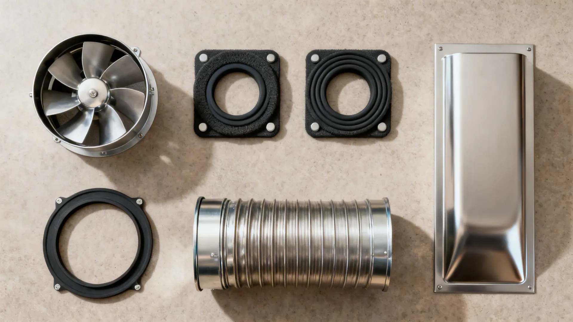 Flat lay of balanced impeller, rubber gaskets, mounts, and rigid duct for quiet chimneys.