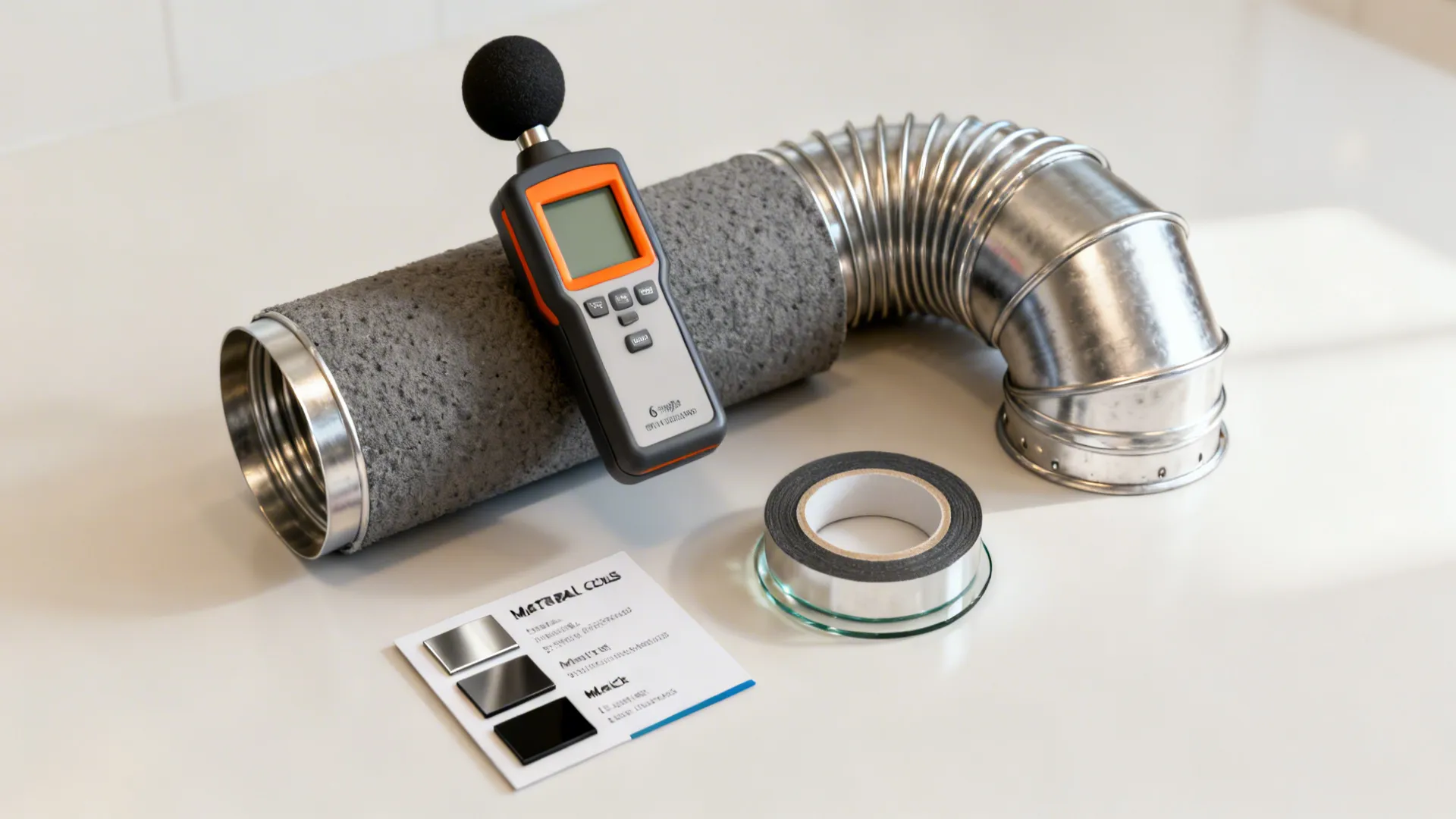 Sound level meter leaning on a grey insulated pipe with metal tape and material samples