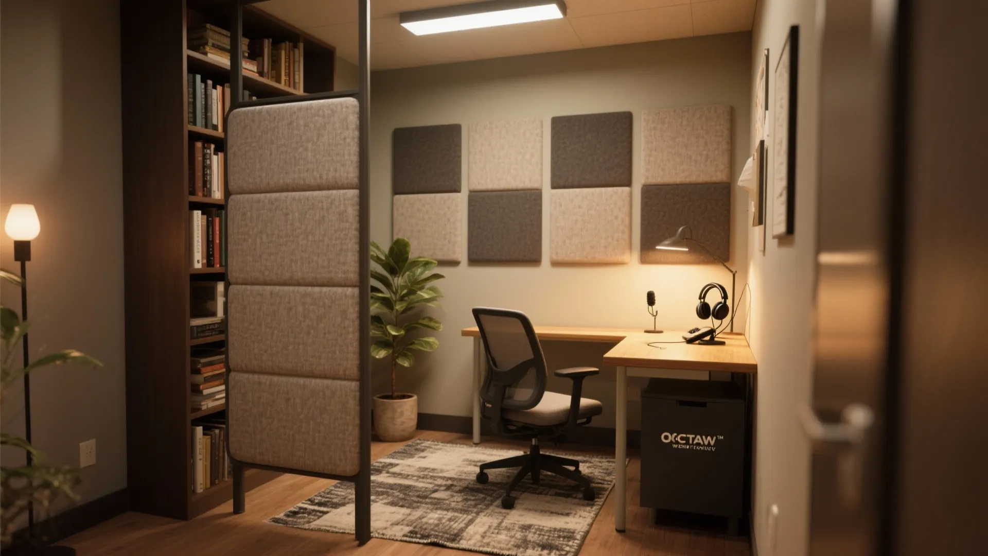 Modern home office with grey wall panels tall room divider desk chair and large bookshelf