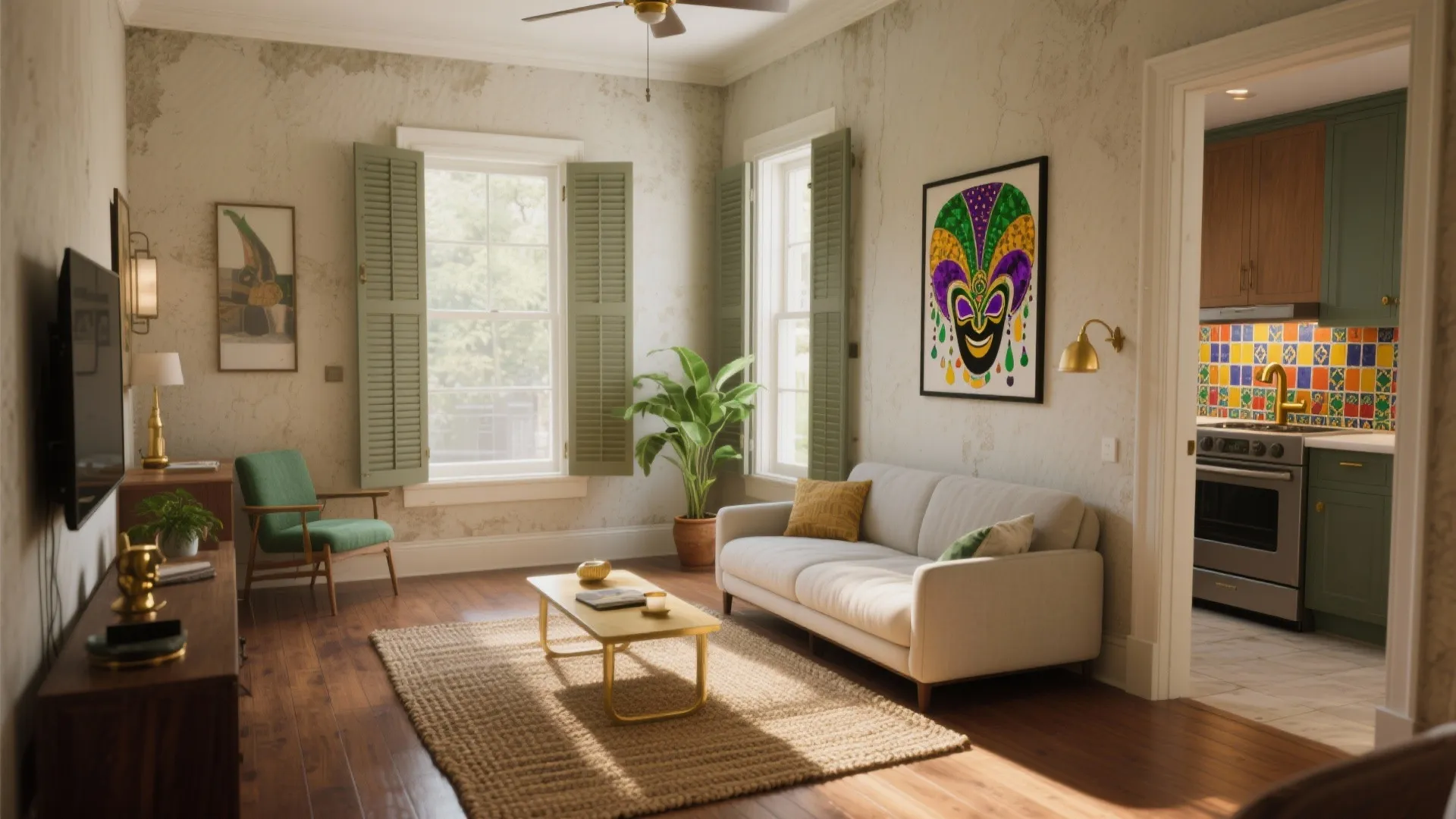 Cozy living room with white sofa wooden floor green chair mask art and open kitchen view