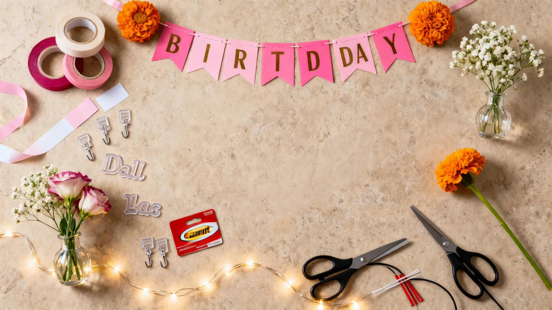 Top-down flatlay of washi tape, mini hooks, banner pieces, LED lights, and micro florals.