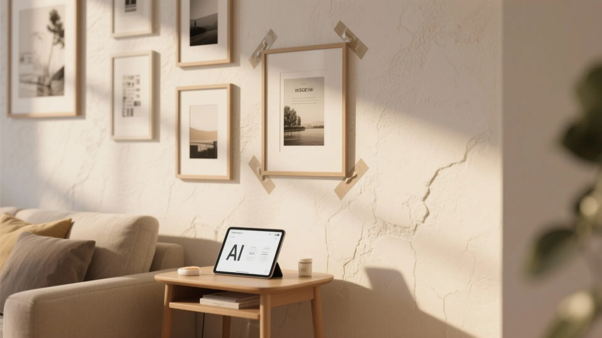 Picture frames taped to a white textured wall next to a small wooden side table