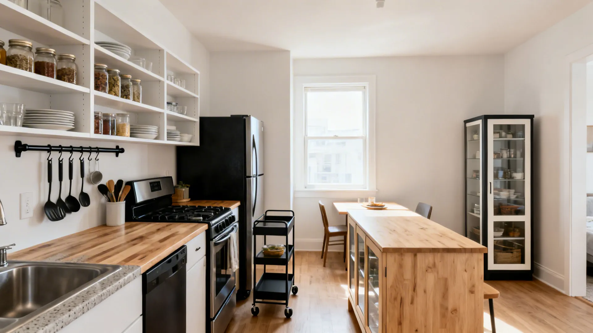 Modern kitchen with white walls wooden countertops open shelves black fridge wood island and cabinet