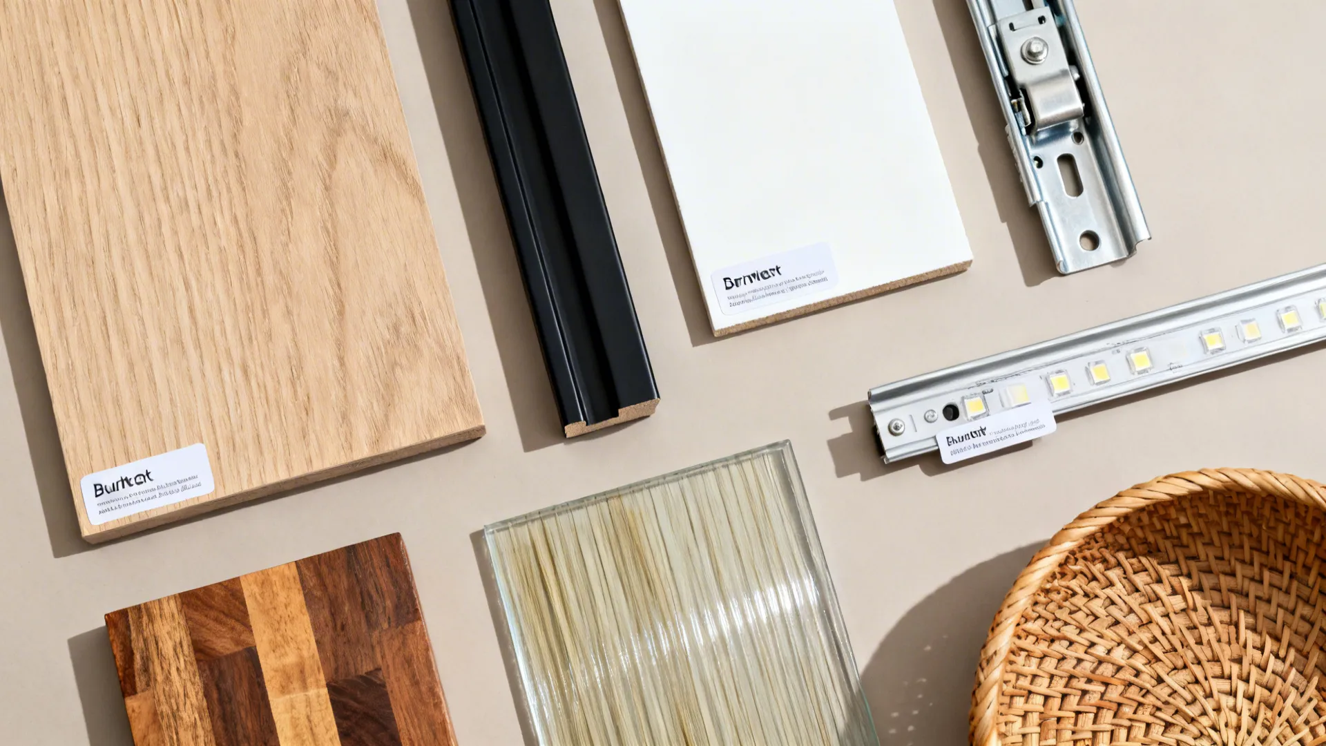 Collection of interior design materials including wood panels black wall panel glass and light fixture