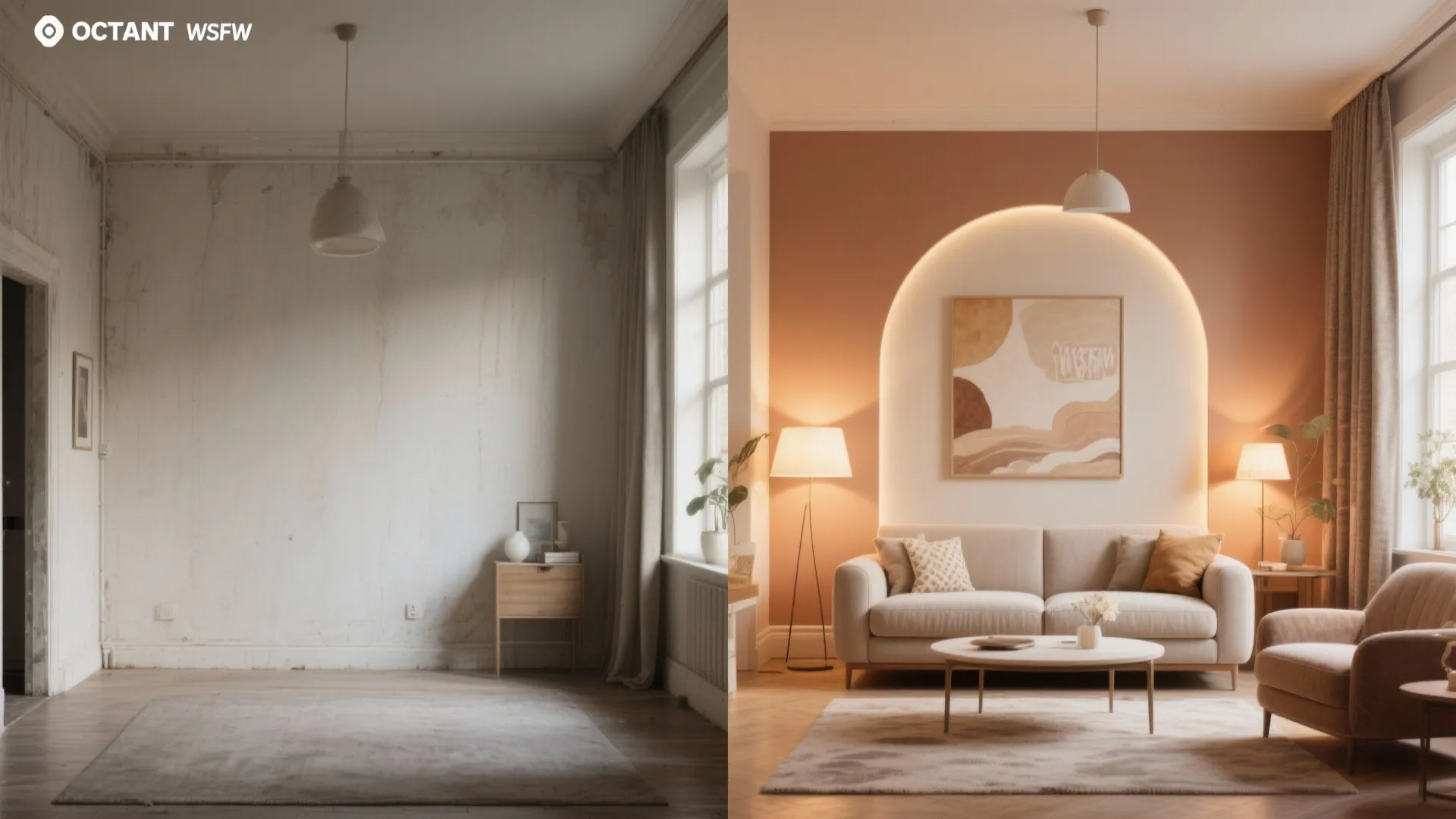 Before and after comparison of empty room turned into cozy living room with soft light