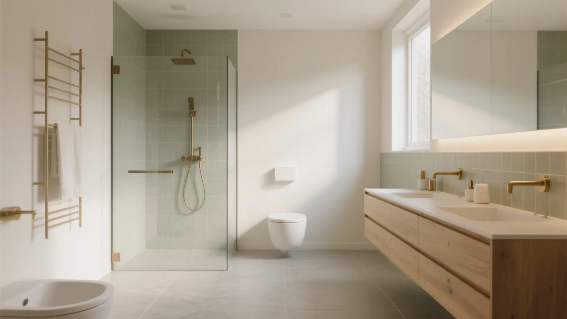 Modern bathroom with glass shower door light green wall tiles wooden cabinet and white hanging toilet