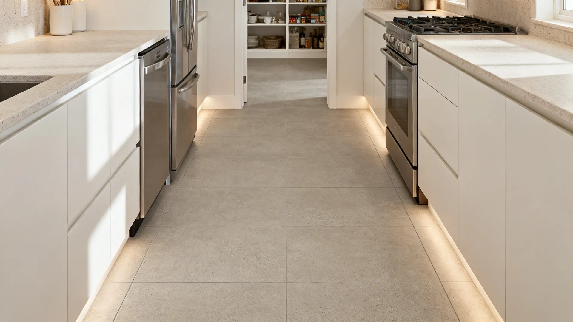 Galley kitchen with matte R10 porcelain large-format tiles and tight grout lines for elegant non-slip performance.