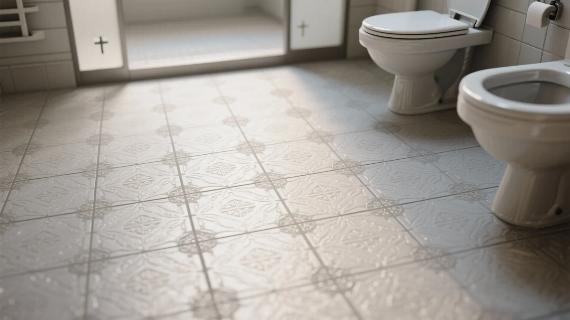 Detailed view of white patterned floor tiles in a bathroom with toilets and natural lighting