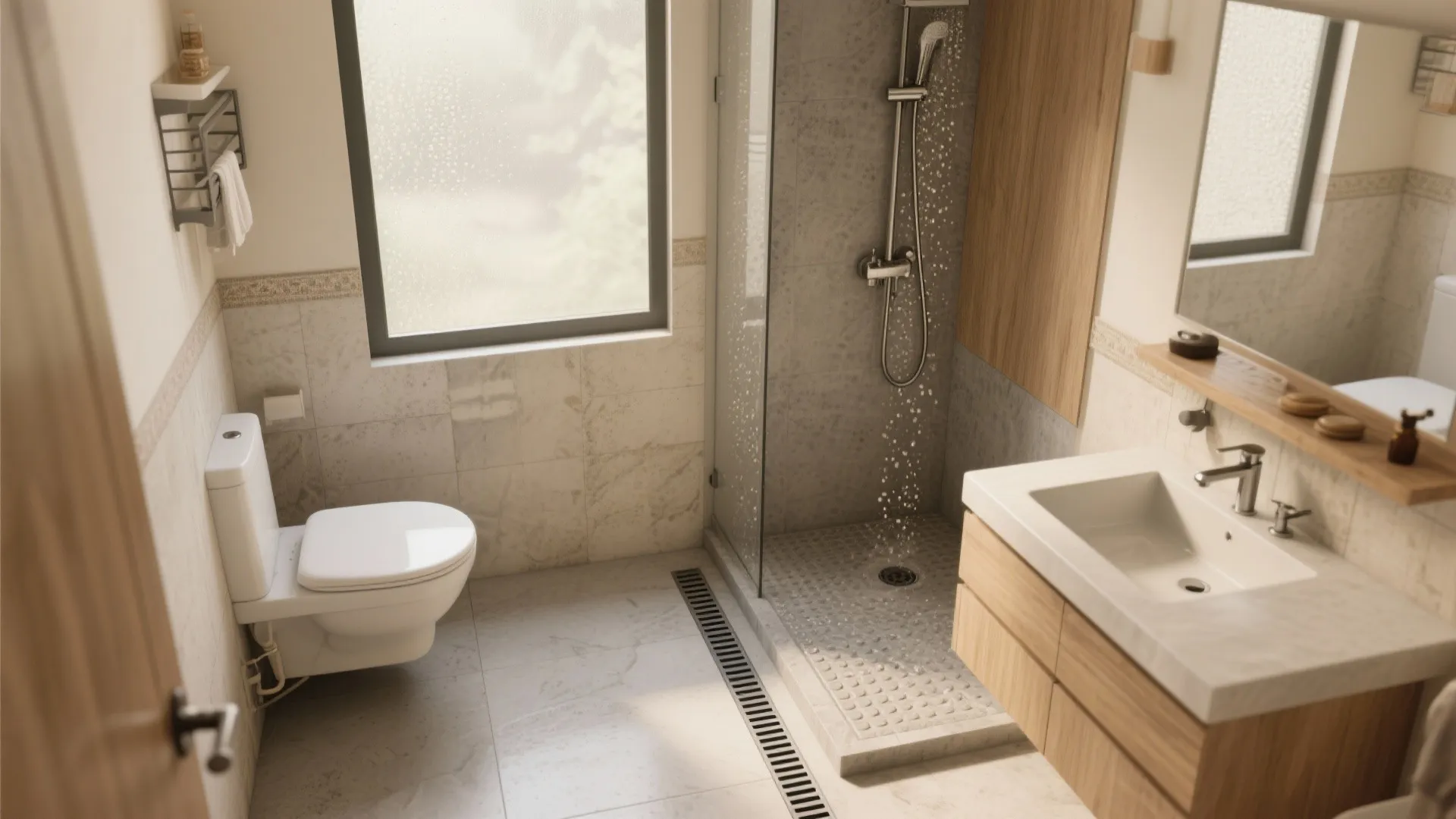 Modern bathroom interior with white toilet walk in shower wooden cabinet sink and large window