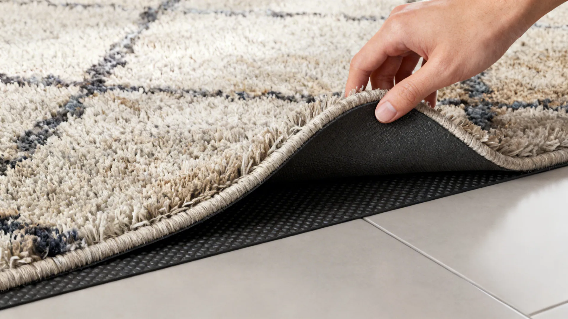A hand lifting a patterned rug to show a black non-slip pad on tile floor
