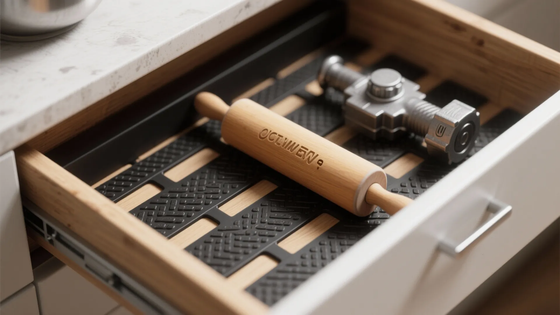 Kitchen drawer with black non-slip rubber mat protecting wooden surface holding a rolling pin tool