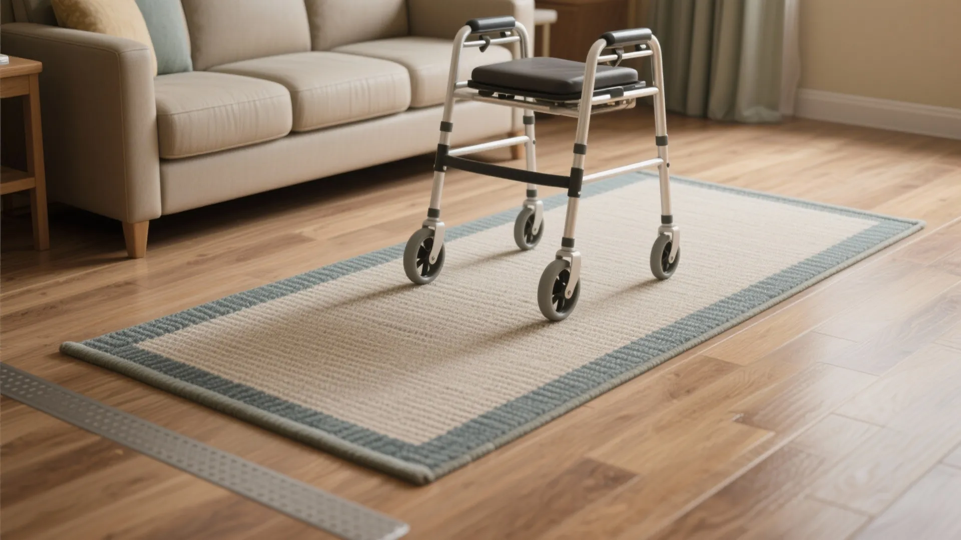 2. Non-slip, low-pile rugs with visual borders