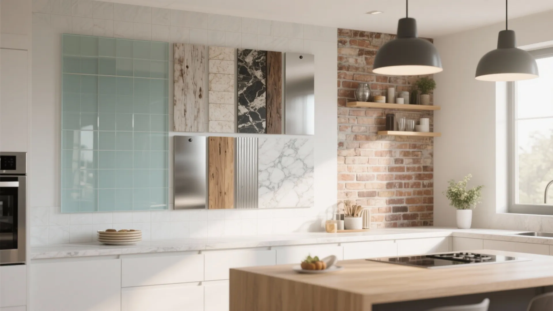 Modern kitchen showroom displaying various wall material samples including marble, wood, and red brick wall