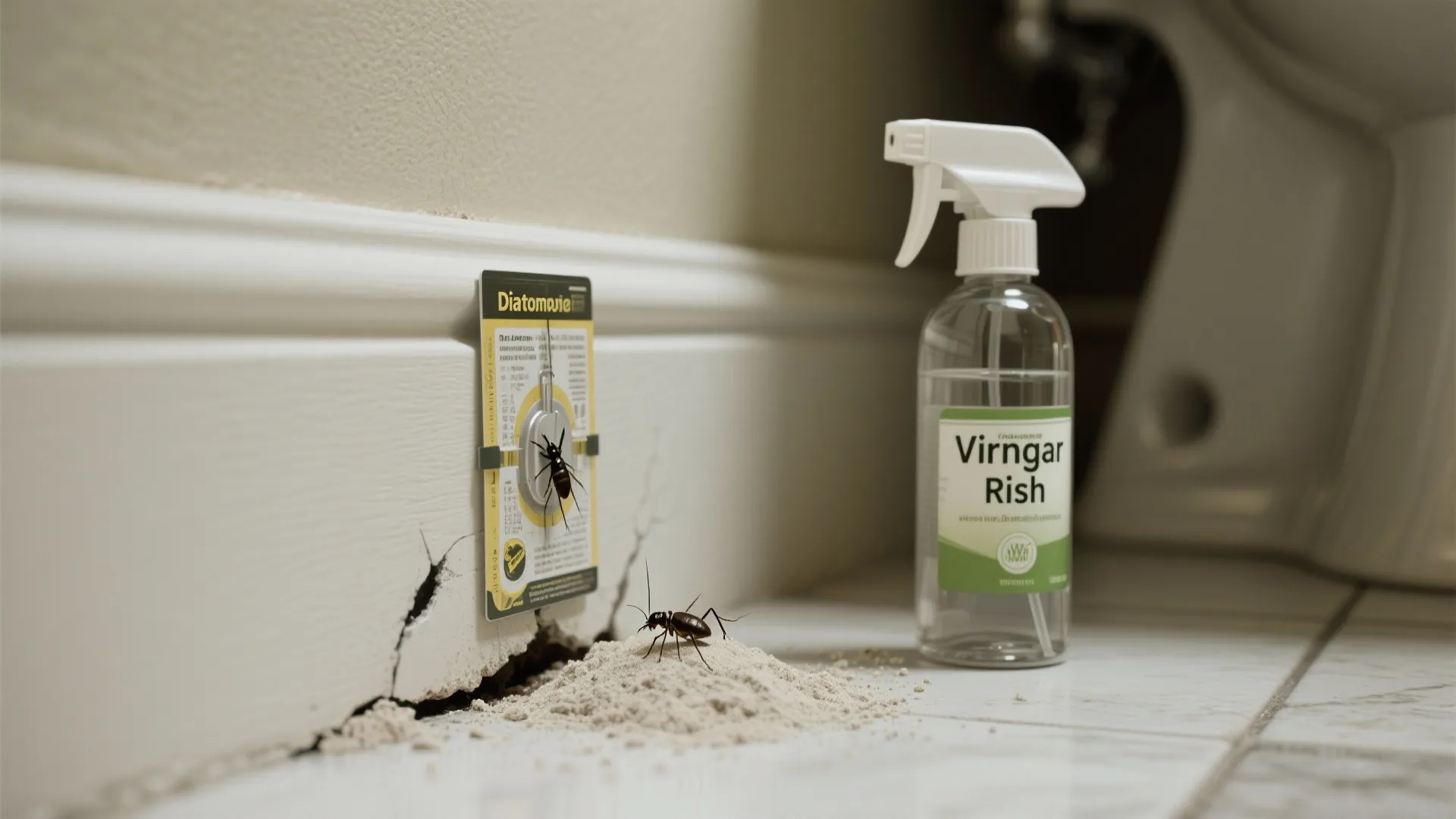 White wall panel showing pest control powder, small insects, and a spray bottle in bathroom