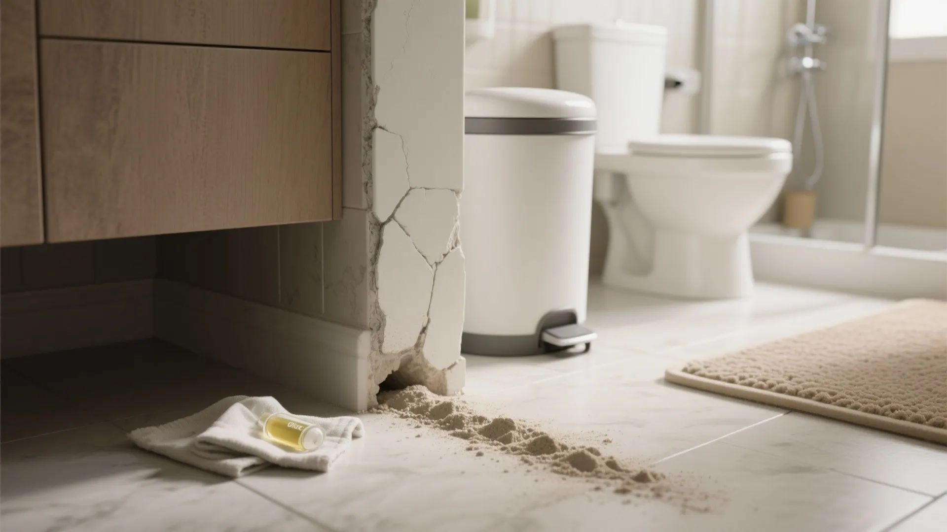 Diatomaceous earth in a corner crack, vinegar wipe cloth, and a pedal bin placed away from the toilet
