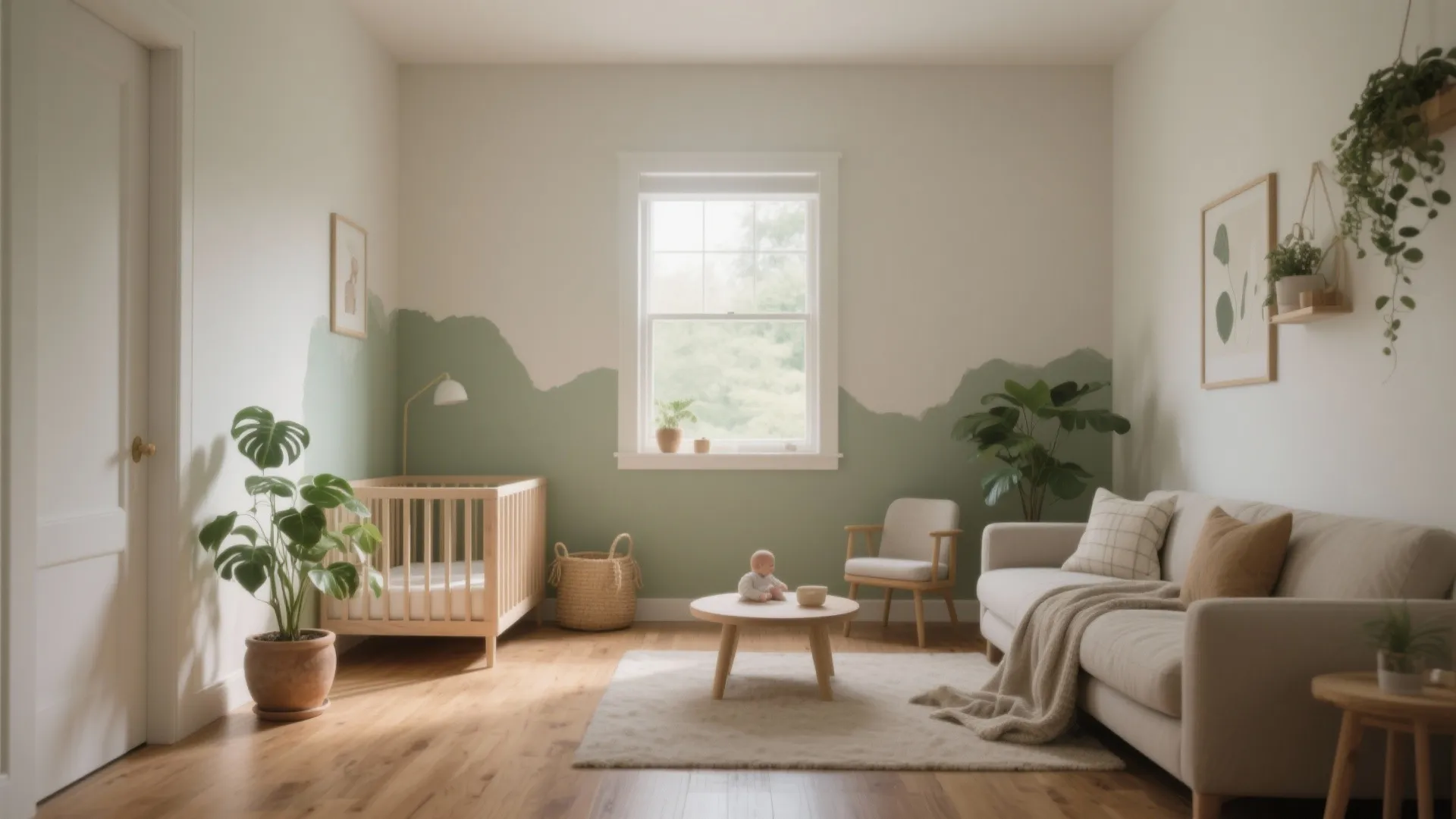 Modern nursery room with green wall paint, wooden crib, sofa, small coffee table, and plants