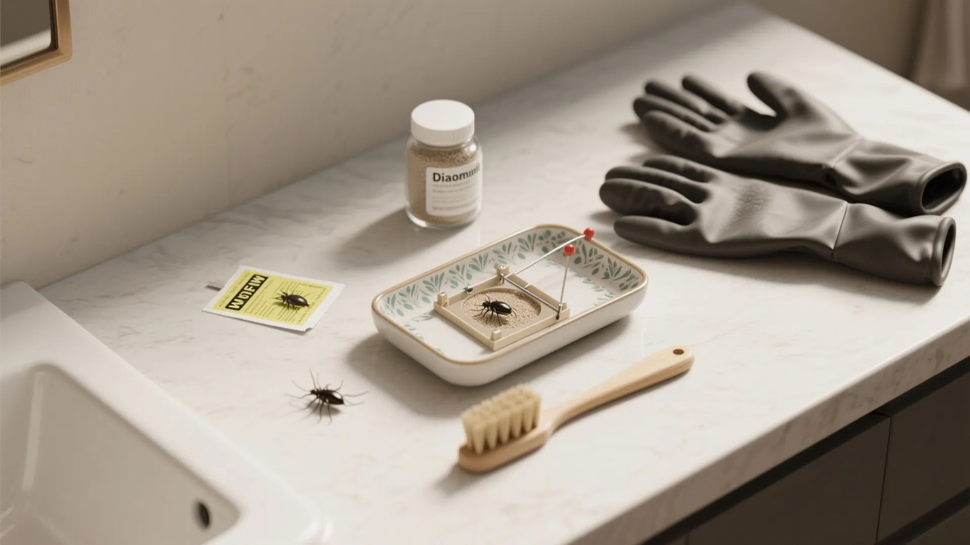 Bathroom counter with bug trap bottle rubber gloves and cleaning brush for pest control at home