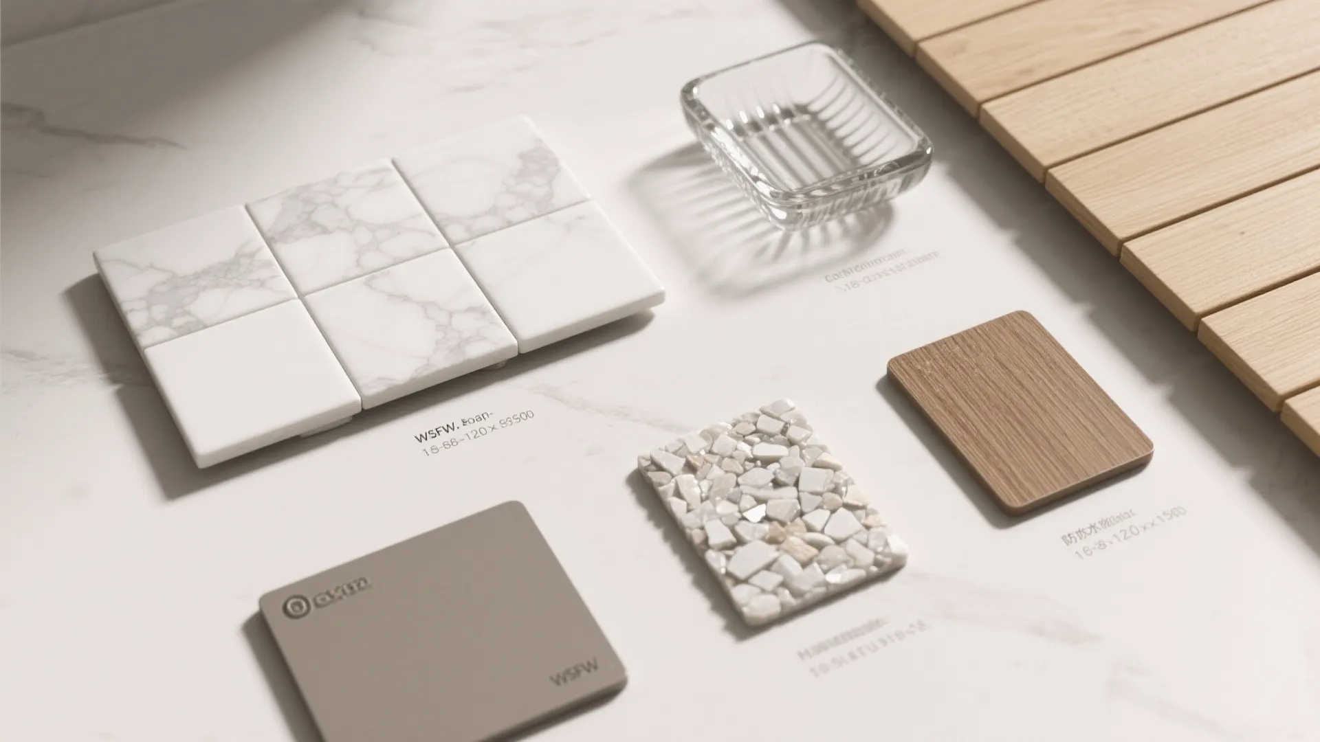 Top-down flatlay of glazed porcelain, sealed quartz, glass soap dish and waterproof panel samples