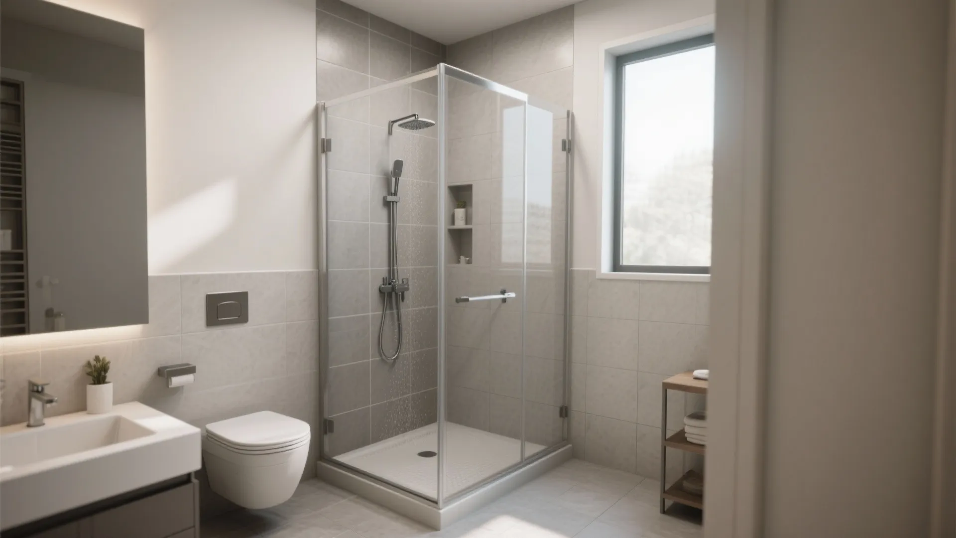 Modern bathroom with glass shower cabin white toilet sink mirror window and light grey wall tiles