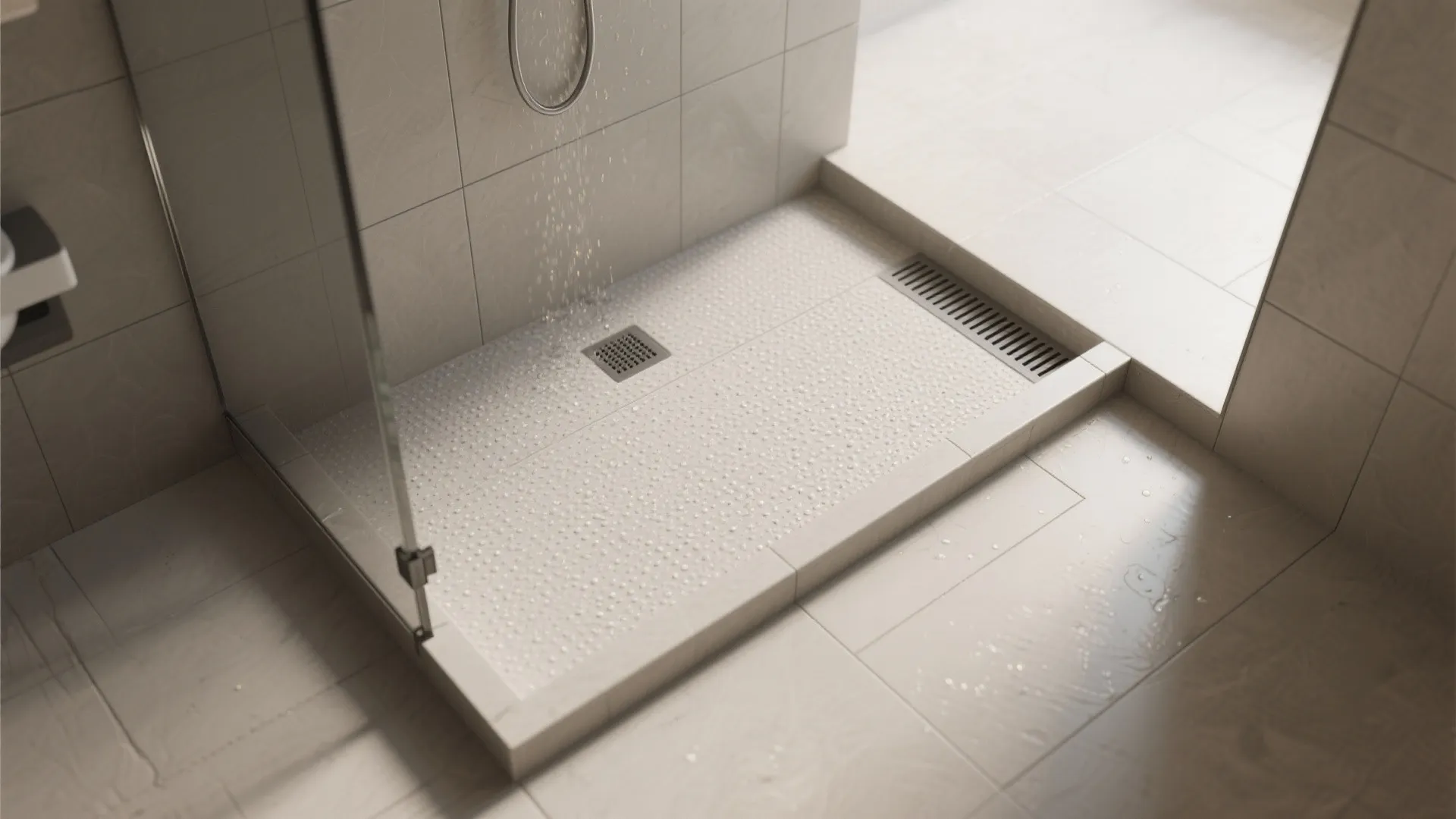 Modern shower tray with non slip white texture water flowing and a silver floor drain