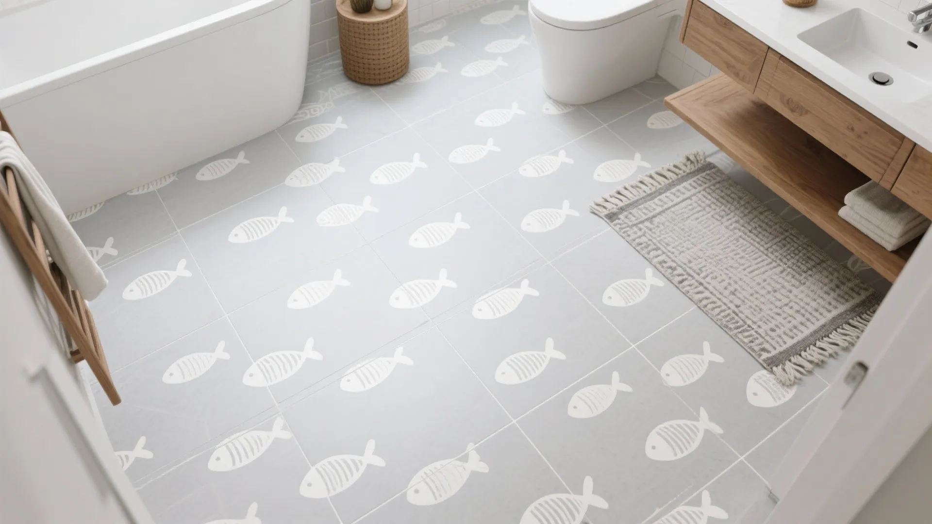 Bathroom floor with light grey tiles featuring white fish patterns next to a white bathtub