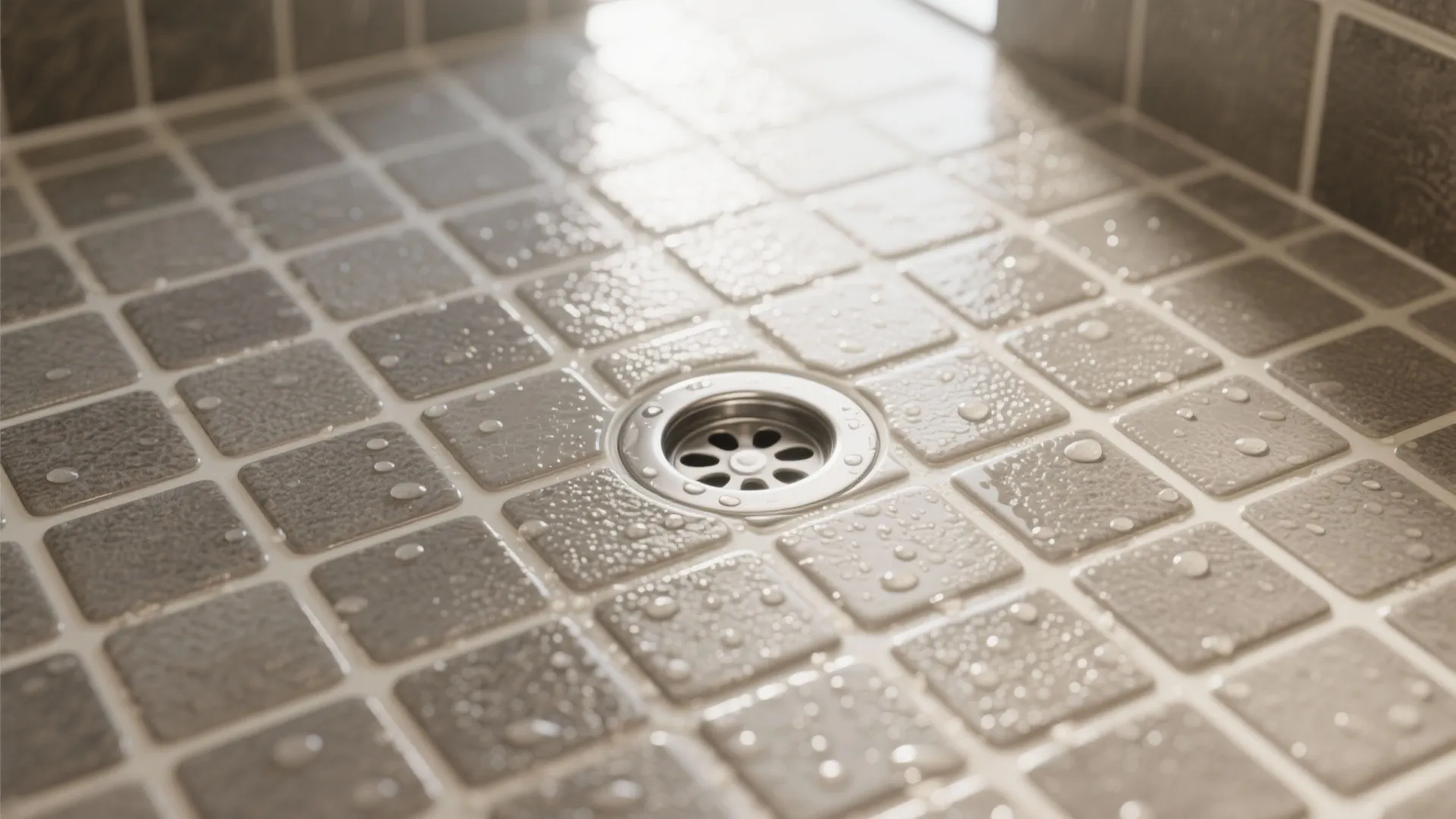 Macro of 2x2 textured porcelain mosaic shower floor with droplets and a point drain for traction.