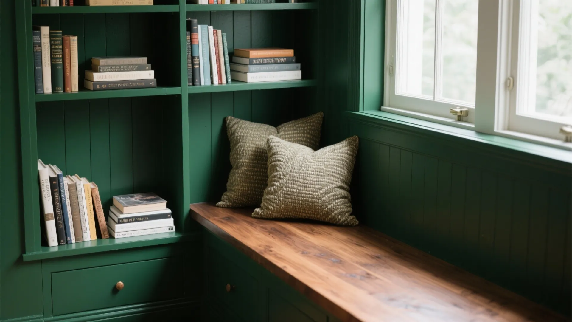 Built-in reading nook painted deep green with warm wood tones, cushions, and detailed texture.
