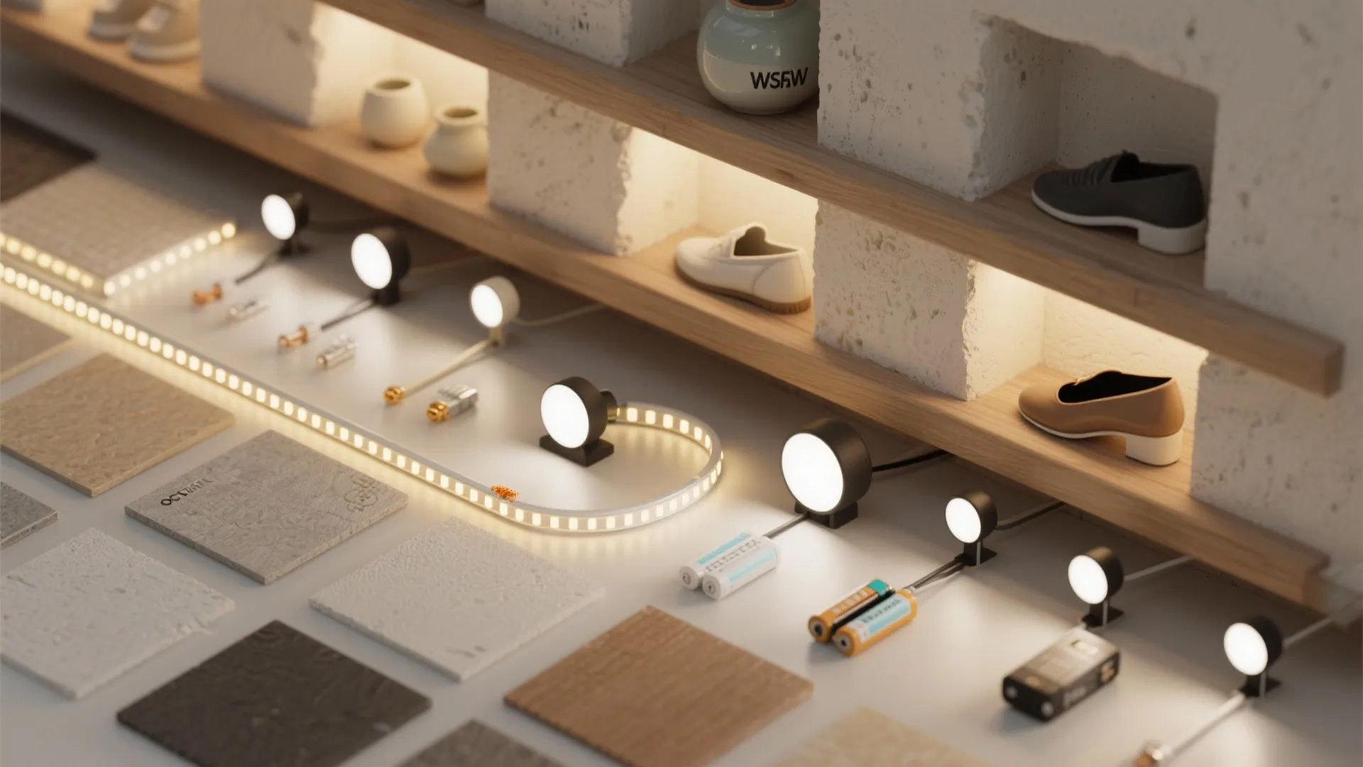 Flatlay of LED strip lights, puck lights and shelf vignettes for accent lighting in nooks