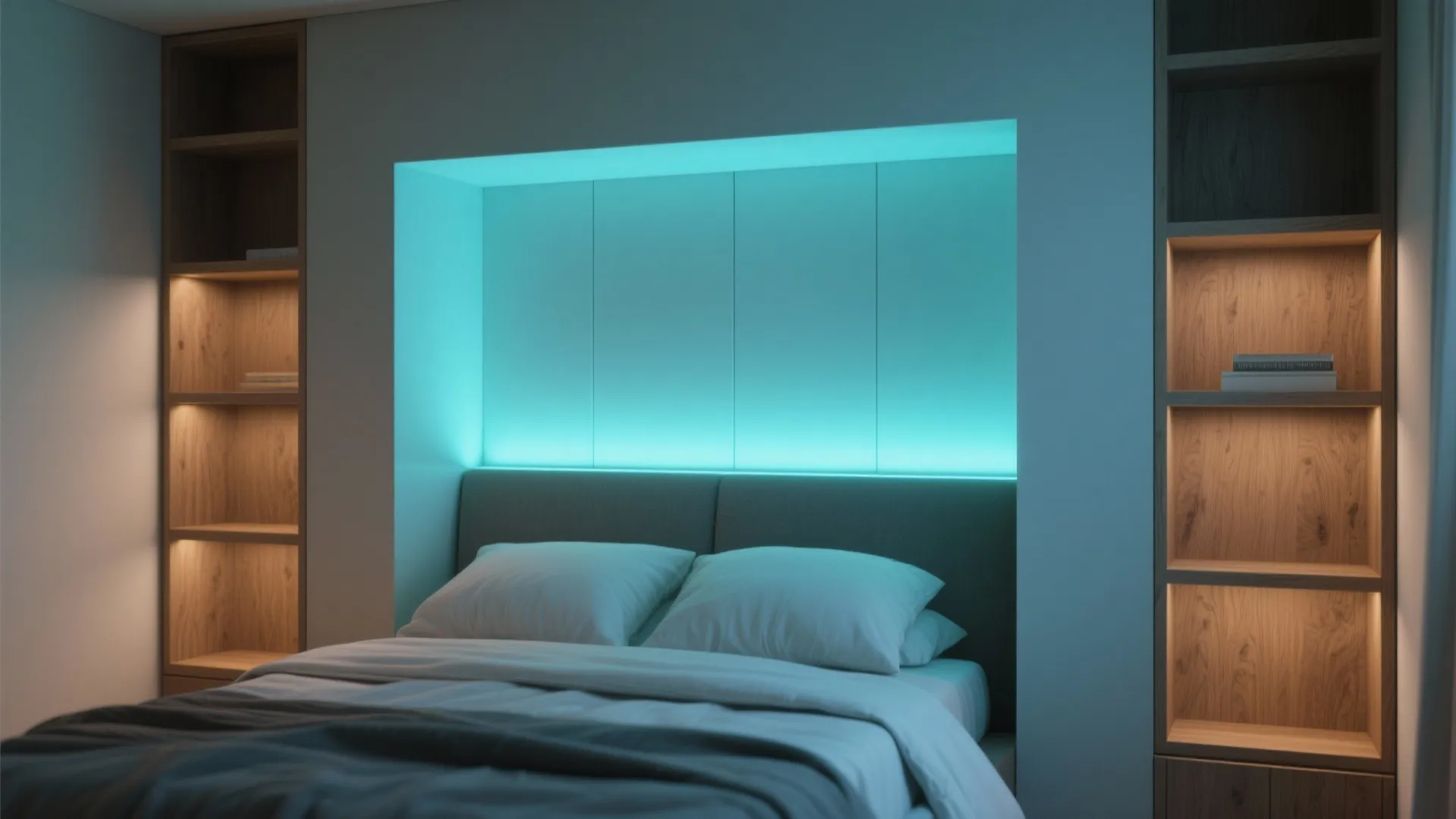 Modern bedroom with teal wall light, comfortable bed, pillows, and wooden shelves with warm lights