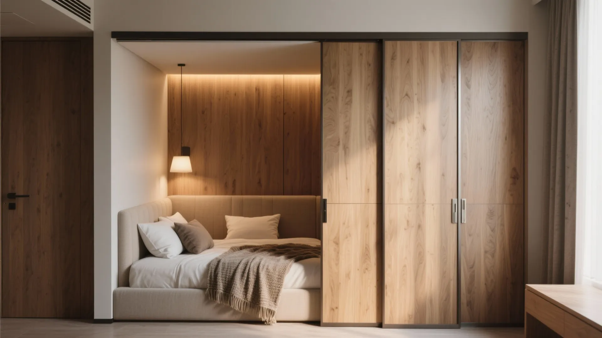 Modern cozy sleeping nook with a wall light wooden paneling and sliding wood doors design