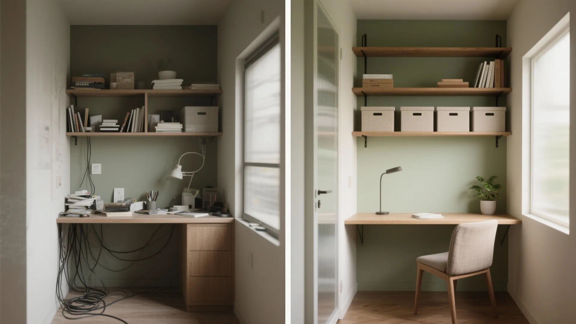 Before and after comparison showing a messy cluttered workspace transformed into a clean organized office