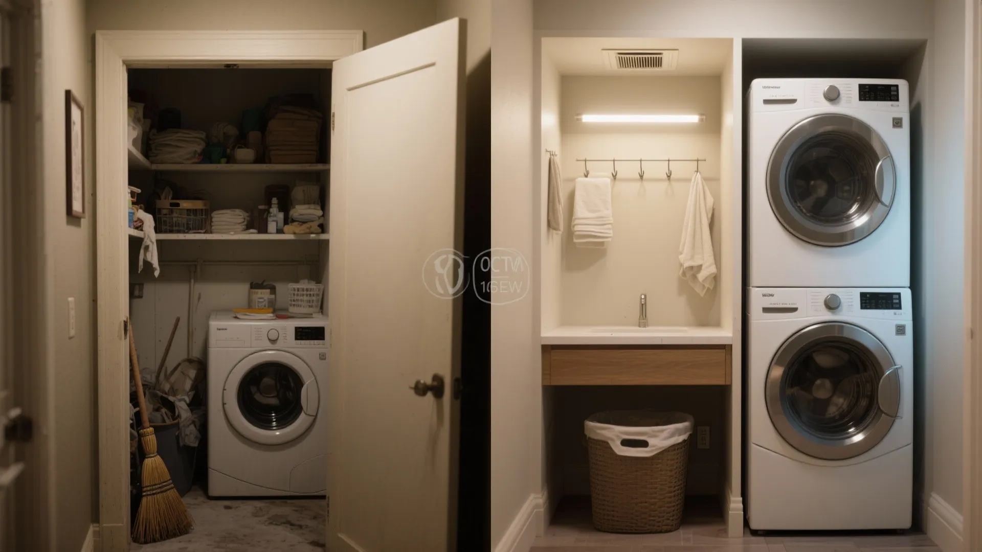 Before and after comparison of a messy laundry closet versus a clean modern stacked washer dryer