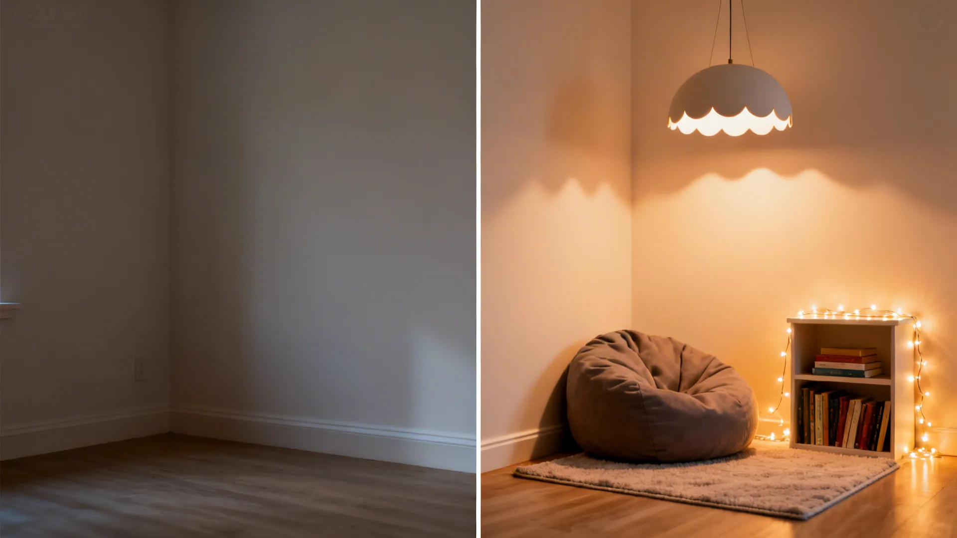 Before-and-after of a dull corner turned into a warm reading nook with playful lighting.