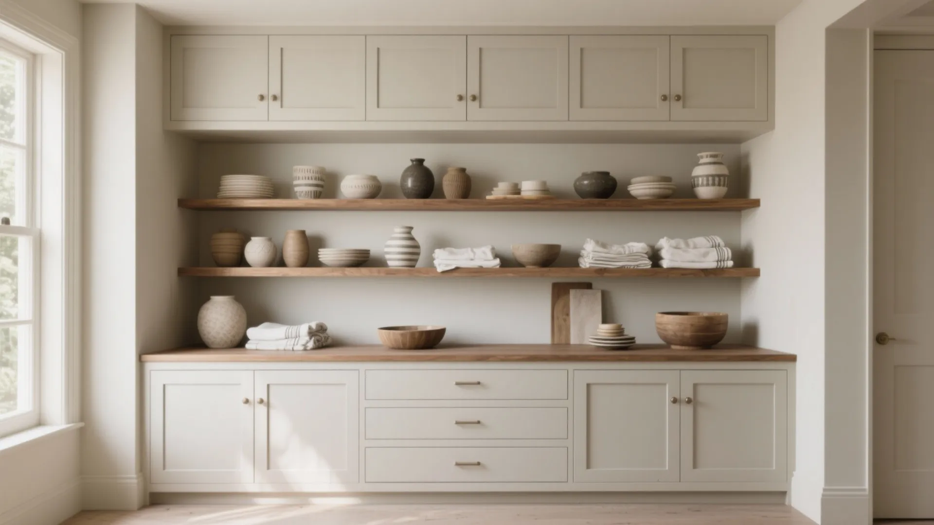 Built-in kitchen wall cabinet with wooden shelves holding pottery vases bowls and towels next to window