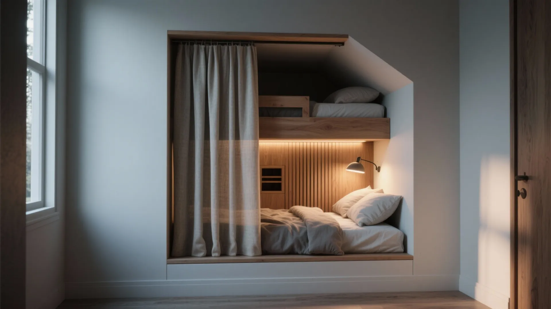 Recessed bunk nook with a sliding panel and curtain, creating a cozy enclosed sleep cocoon with soft lighting.