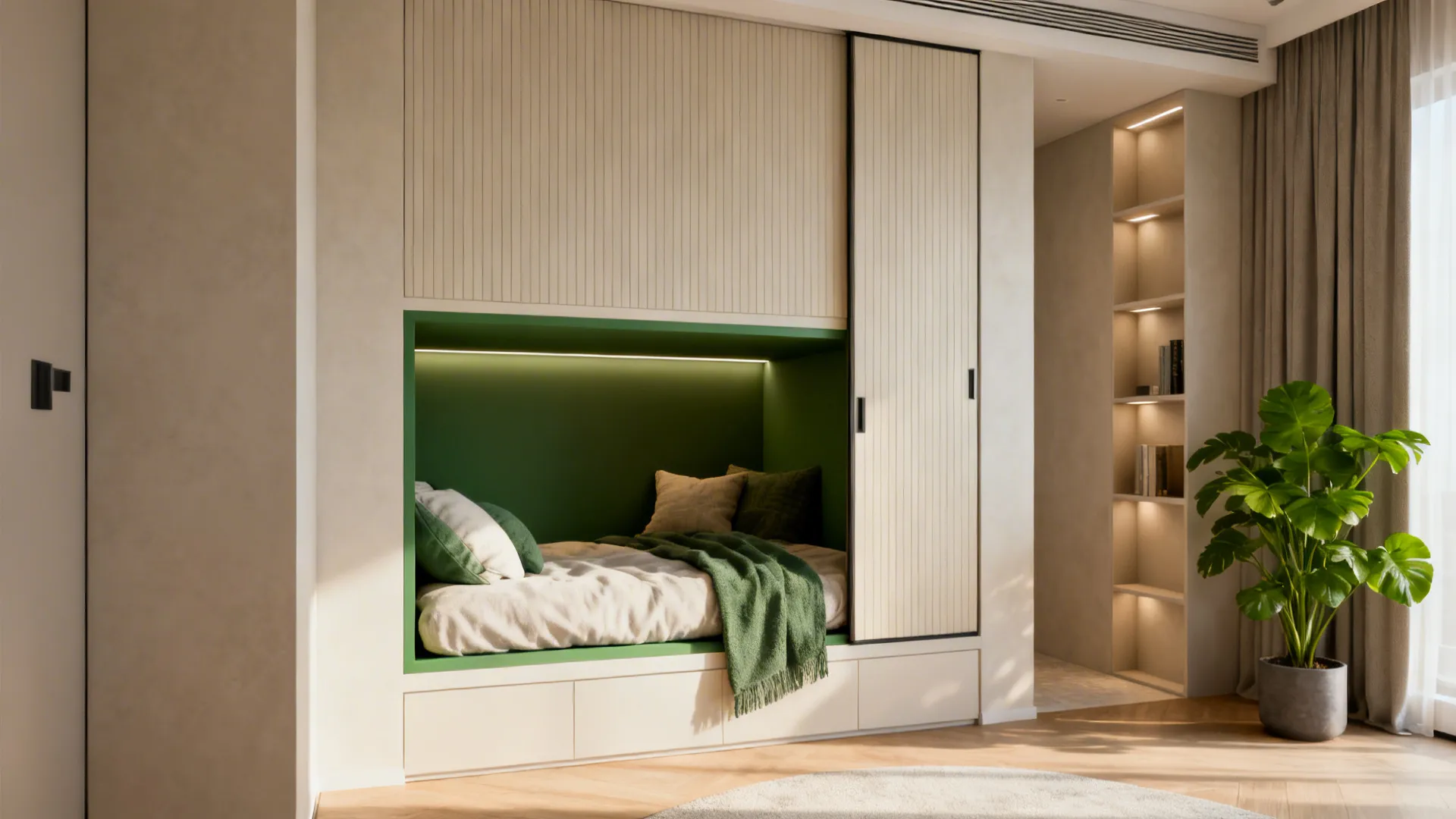 Built-in wall nook bunk with sliding panel for privacy in a compact studio layout