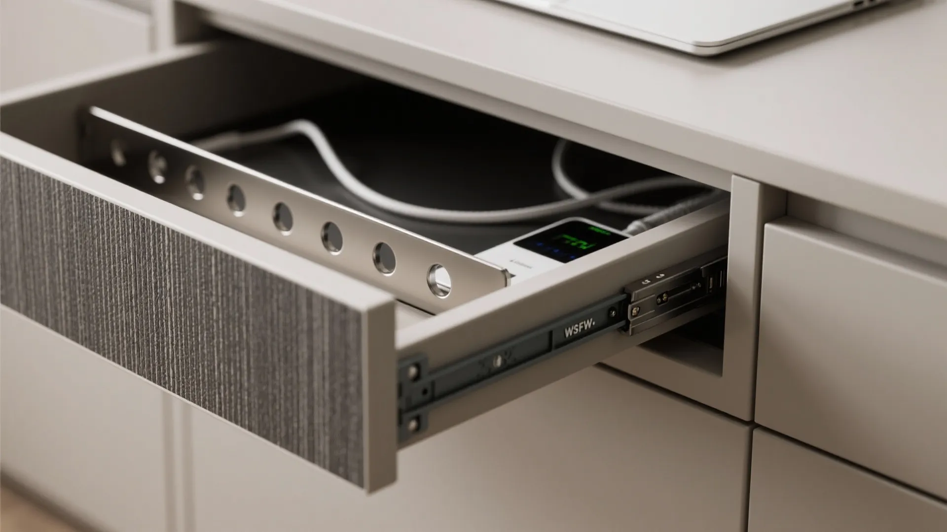 Open desk drawer with cable management tray power strip and wires organized for a clean workspace