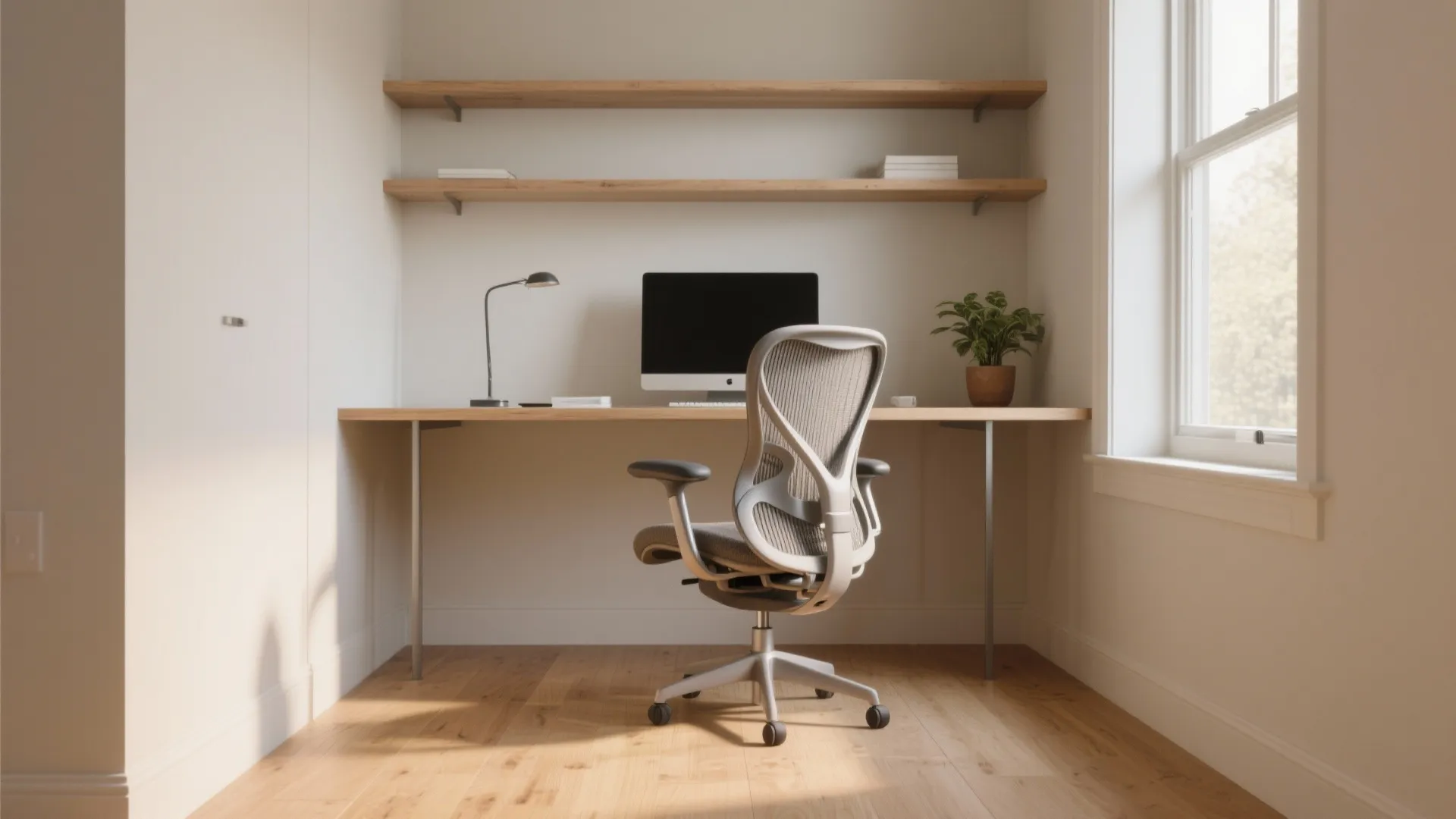 Modern home office featuring wooden desk grey office chair computer lamp shelves and large bright window