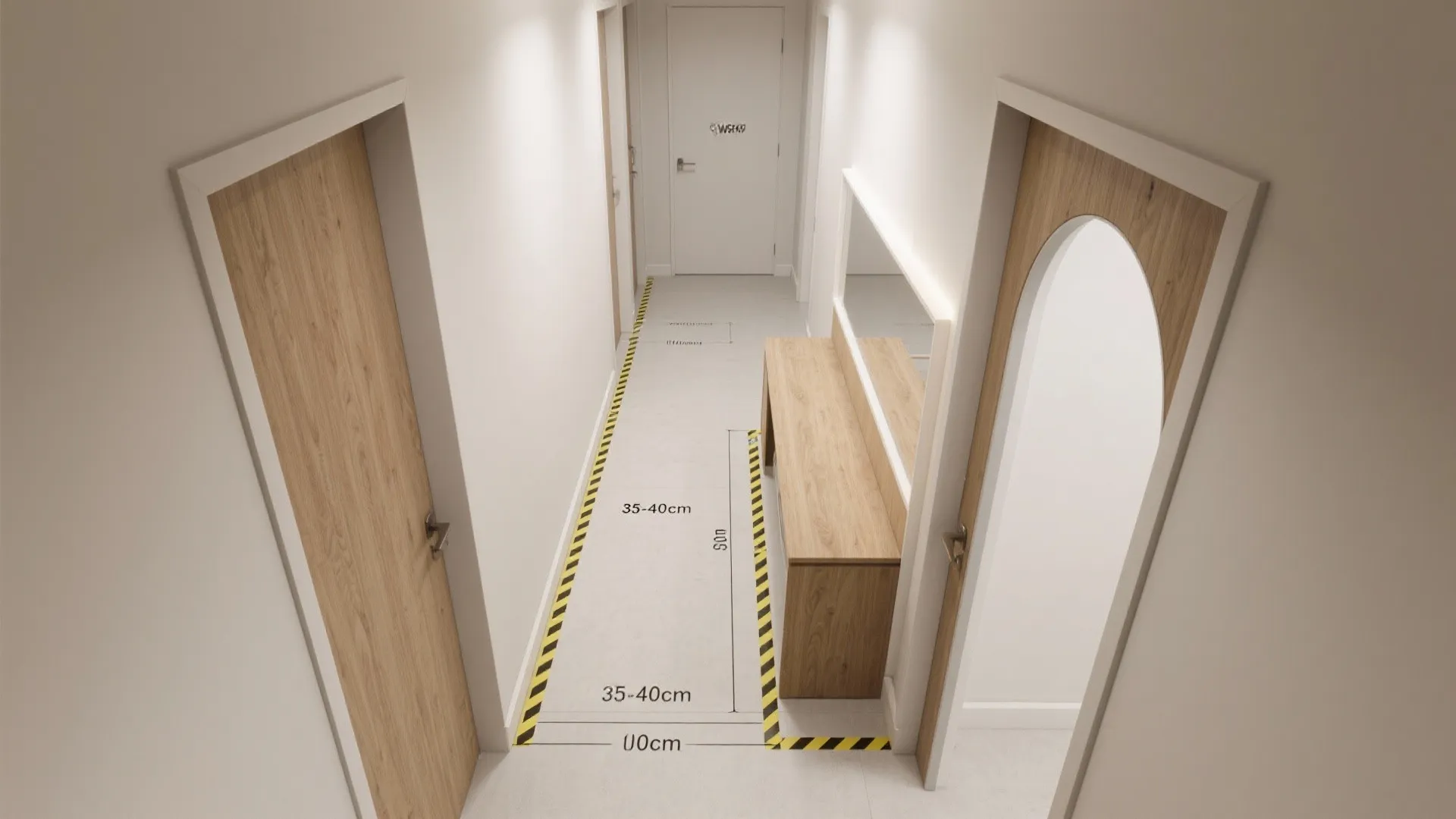 Top-down hallway plan showing 90 cm passage and console-to-desk clearance.