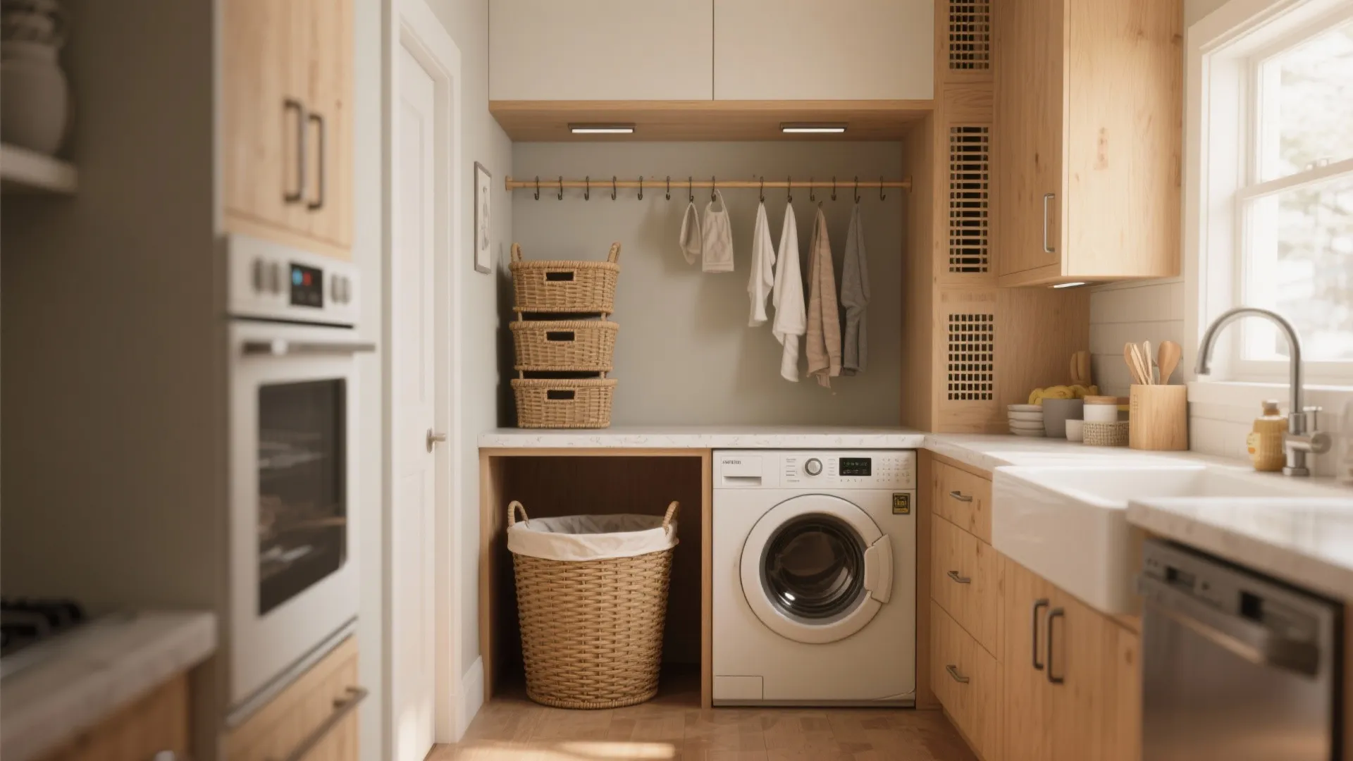 Modern laundry area with wooden cabinets white washing machine stacked wicker baskets and hanging clean towels
