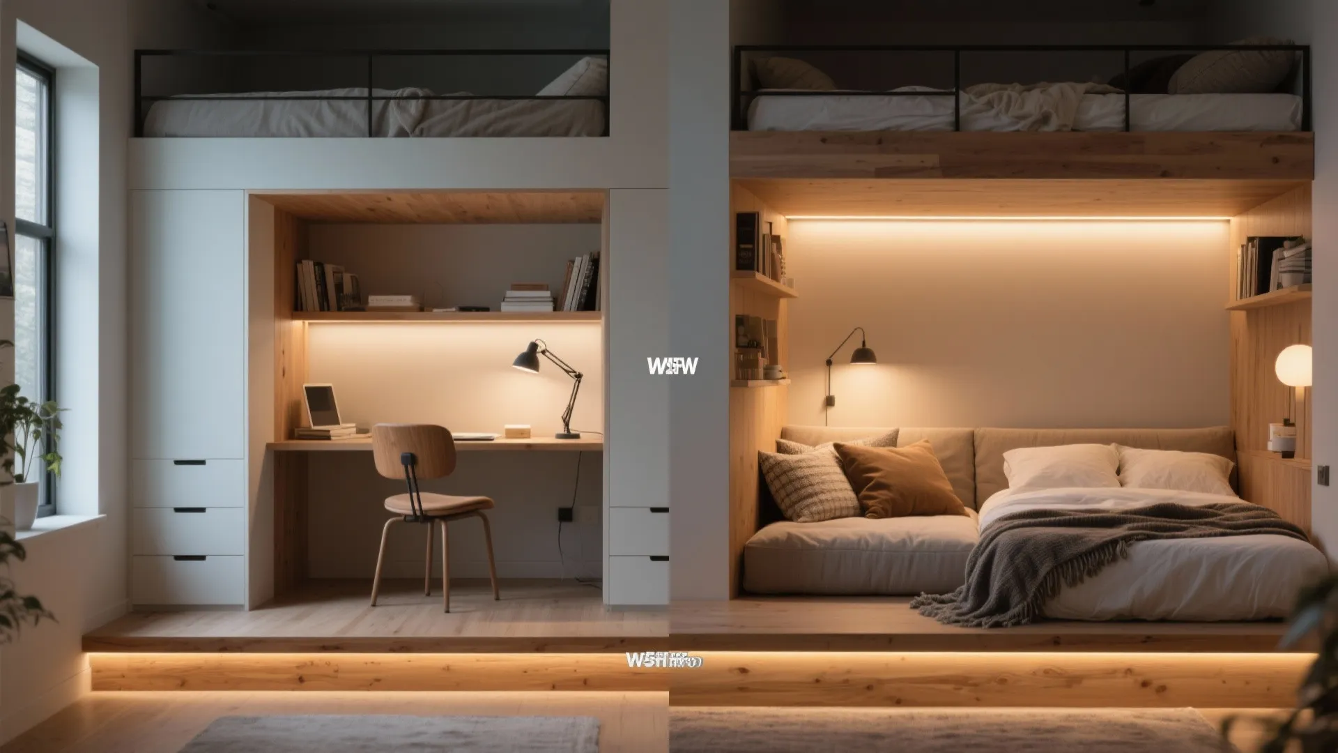 Comparison showing a home office desk transformed into a cozy sleeping nook with warm lighting