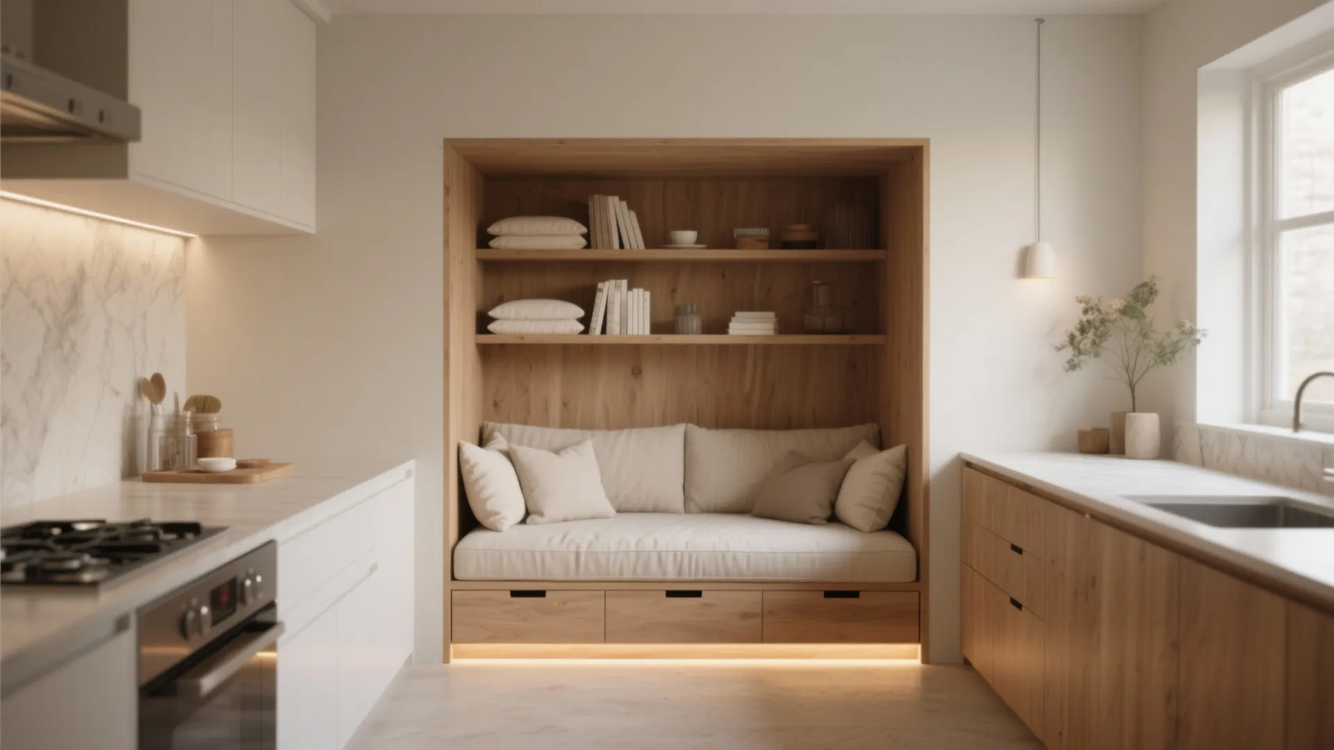 Modern kitchen featuring wooden daybed nook with shelves between white cabinets and bright window area