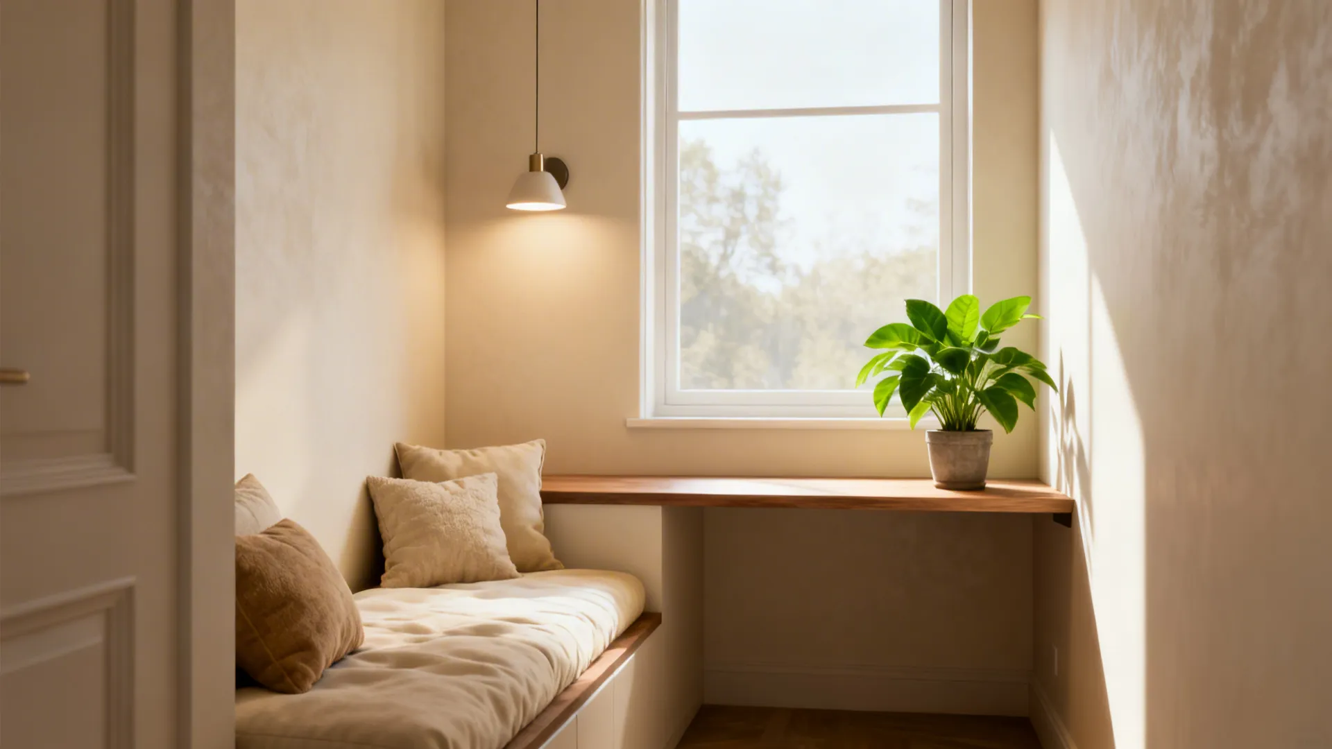 Cozy reading nook featuring a daybed with pillows next to a window and wooden desk
