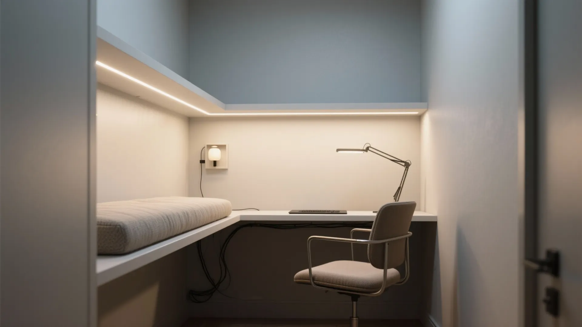 Narrow nook desk with integrated LED task lighting and tidy cable channel.