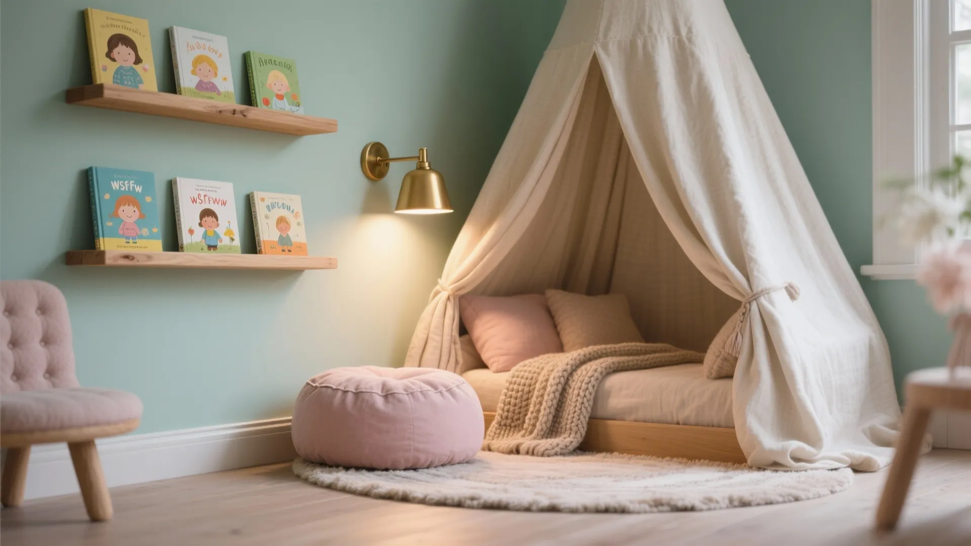 Cozy Reading Nook with Canopy and Book Ledges